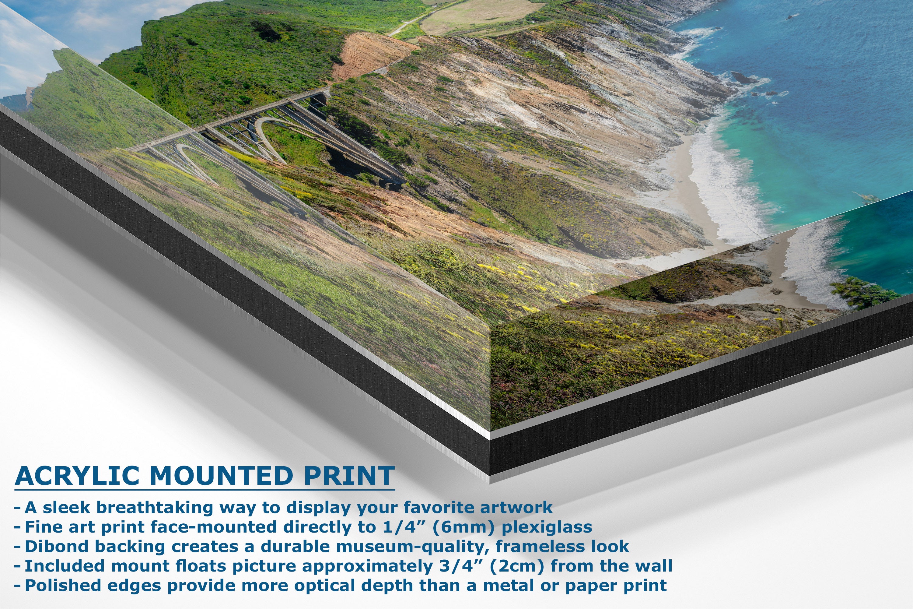 Acrylic mounted art print display showing a coastal landscape with green hills, a bridge, beach, and turquoise ocean. Text on the image reads 'ACRYLIC MOUNTED PRINT' with feature bullet points.