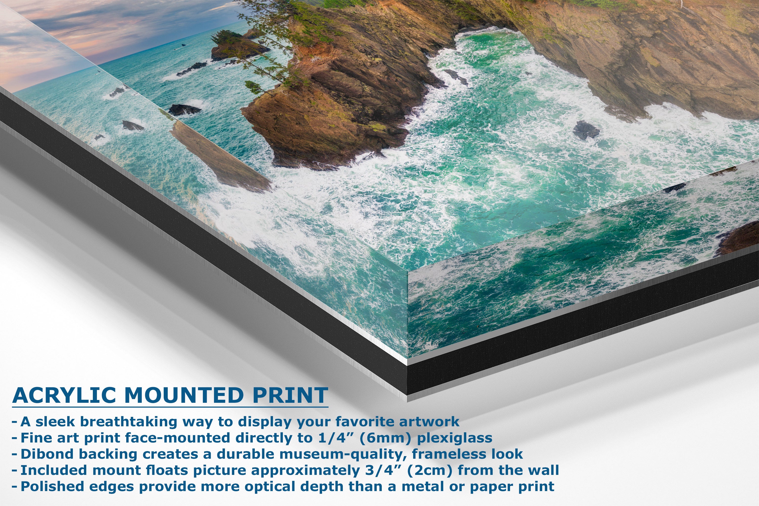 Acrylic mounted art print of a coastal ocean scene with turquoise water, white surf, and rocky cliffs, shown at an angle with product text below on a white background.