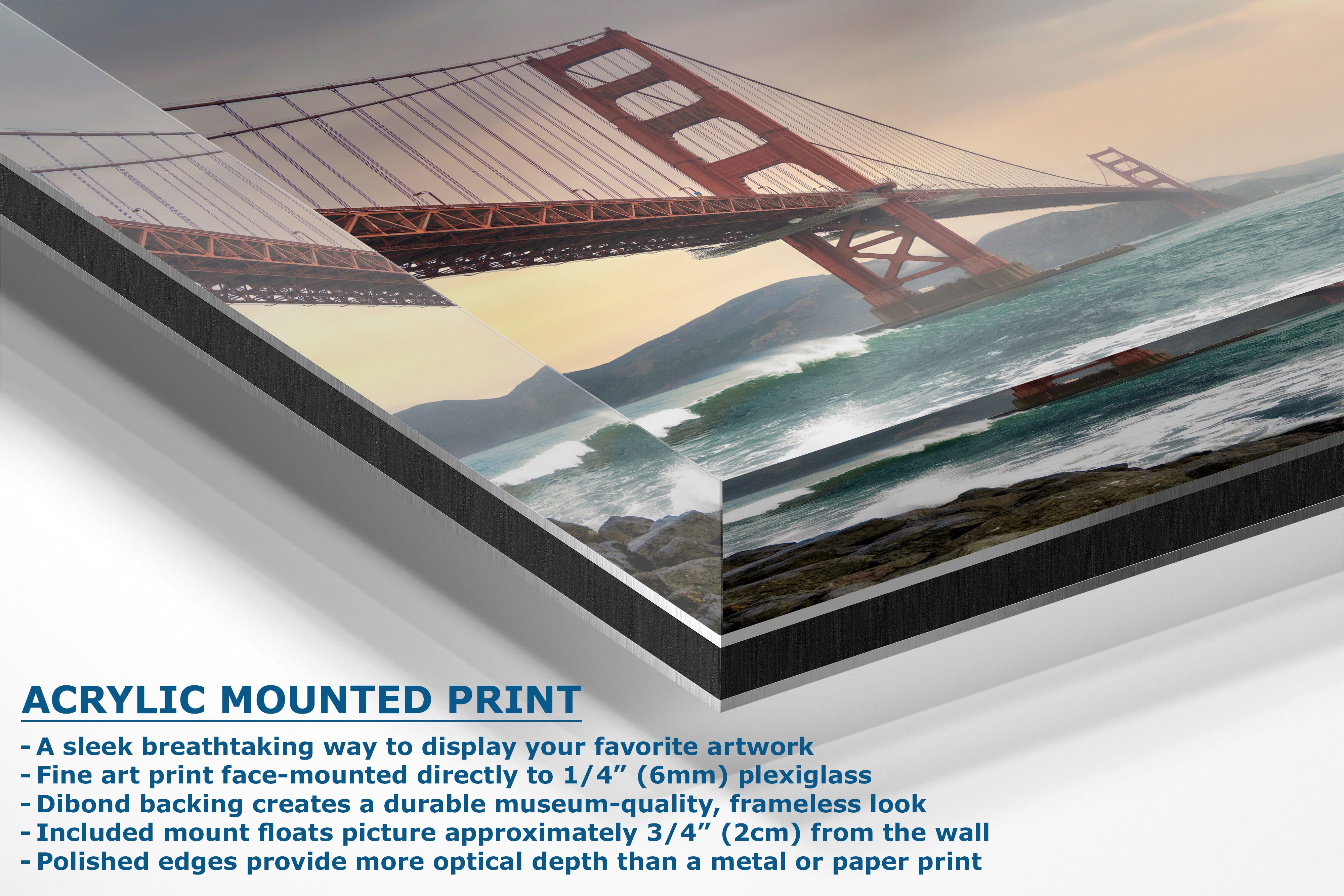 An acrylic mounted print of the Golden Gate Bridge over ocean waves, shown at an angle with descriptive text highlighting its frame-mounting and finish.