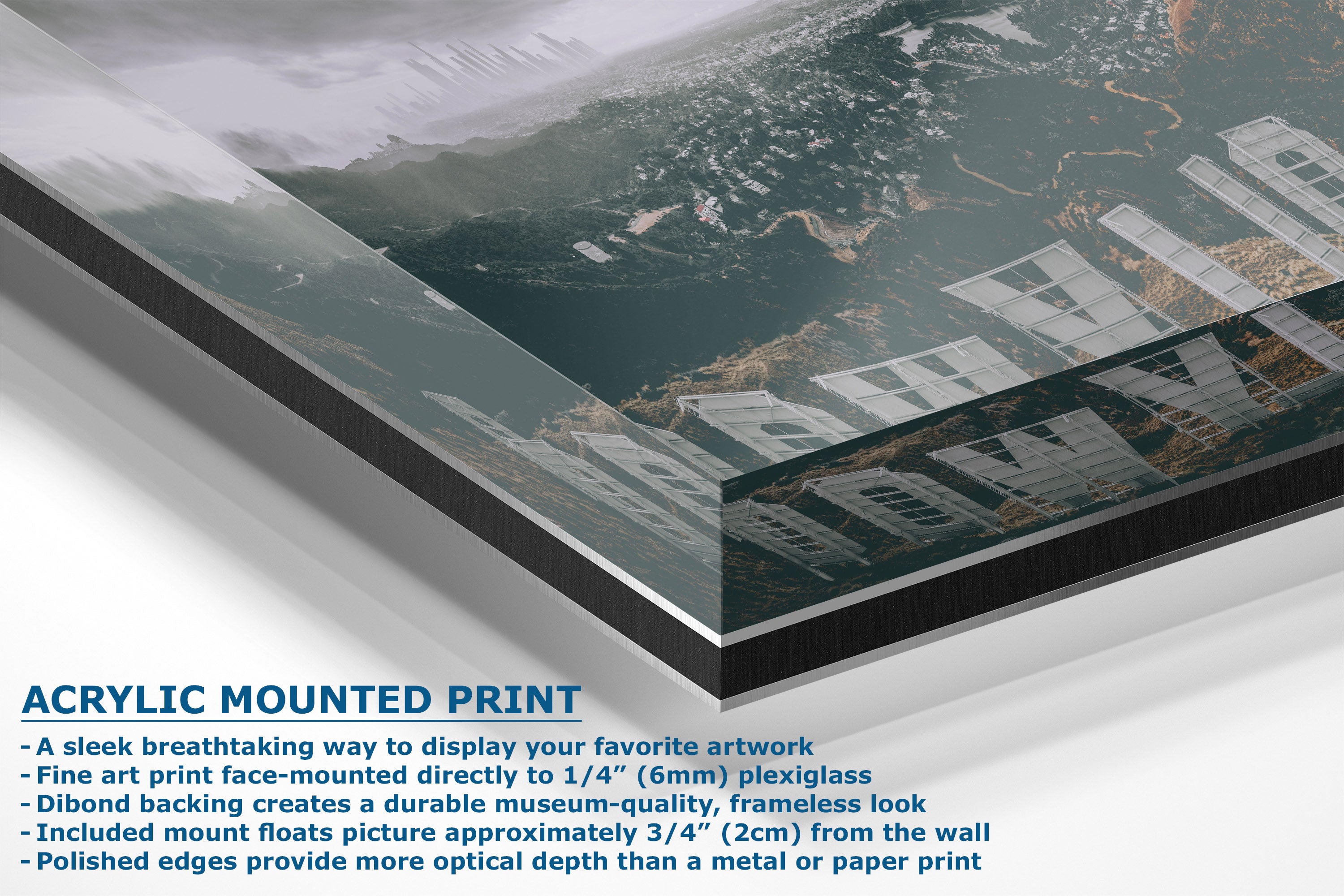 Acrylic mounted print with text describing its features