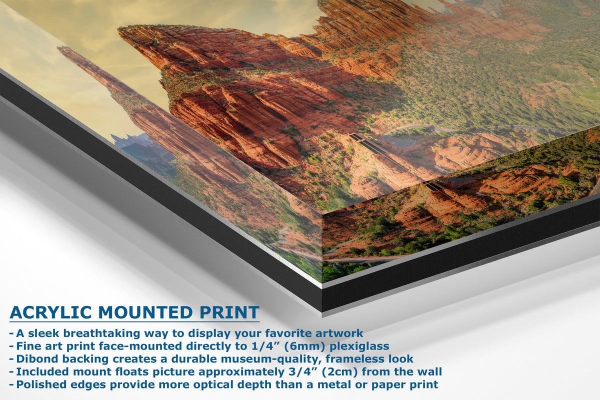 Acrylic mounted art print of a desert canyon landscape, shown at an angle with descriptive text highlighting its features and dimensions.