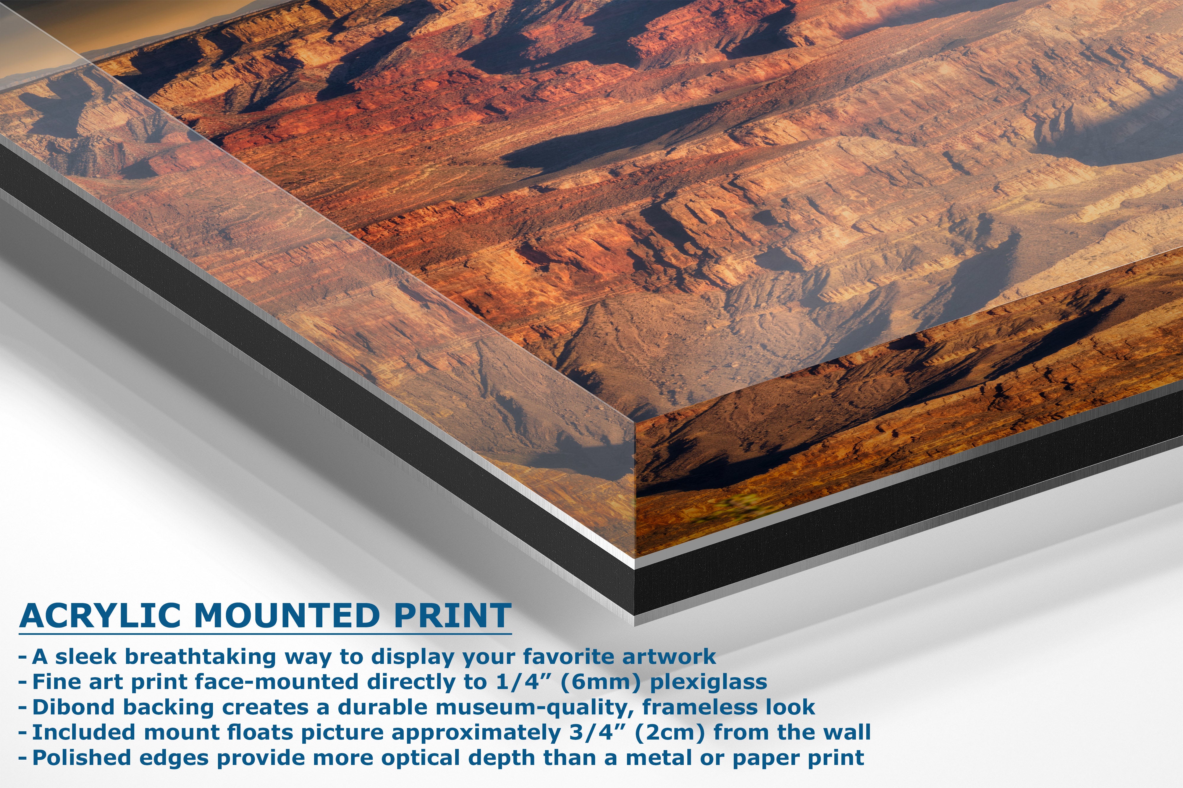 Acrylic mounted art print of a canyon landscape, showing a close-up corner view with text detailing the mounting features on a white background.