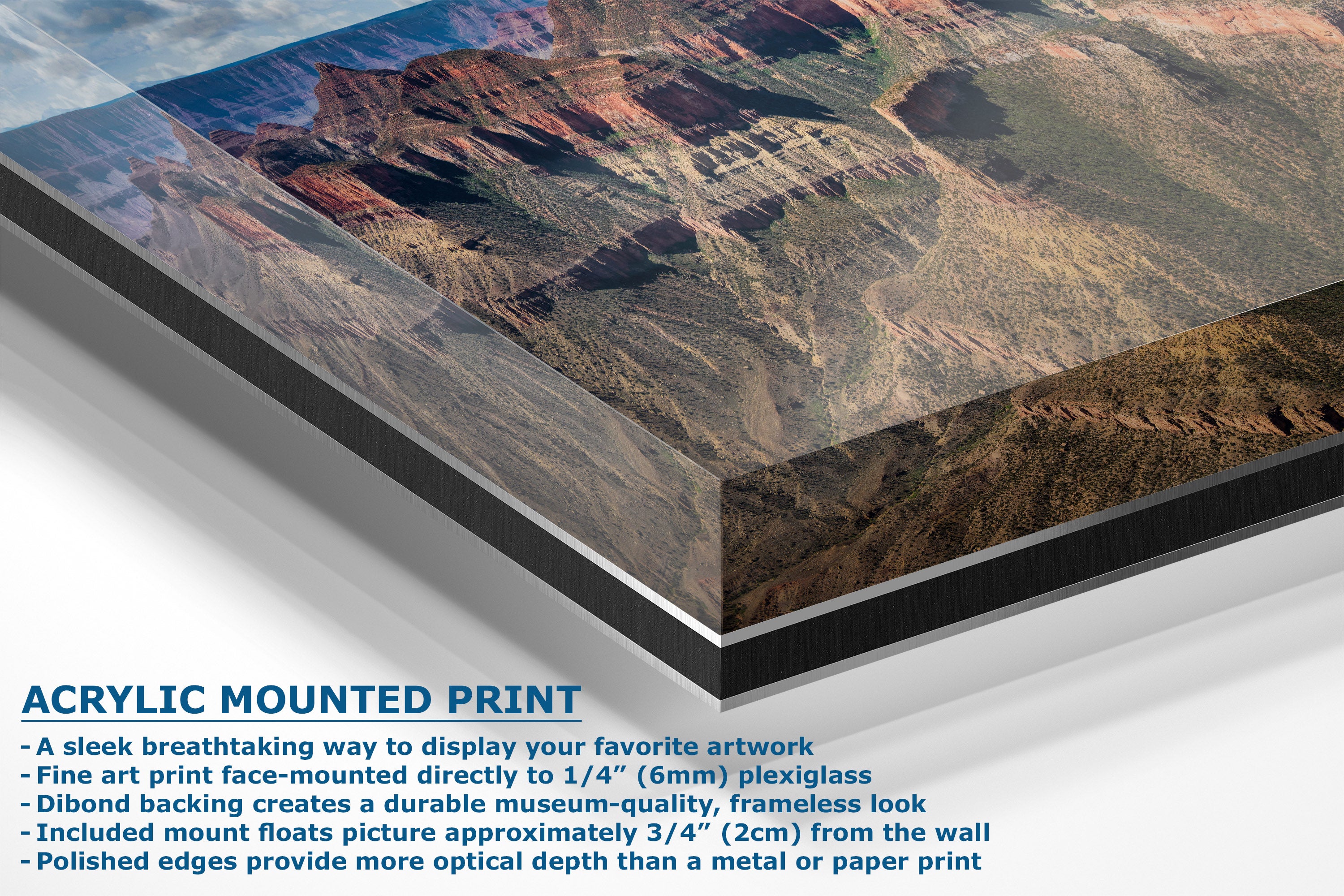 Acrylic mounted art print of a canyon landscape, showing a close-up corner view with text detailing the mounting features on a white background.