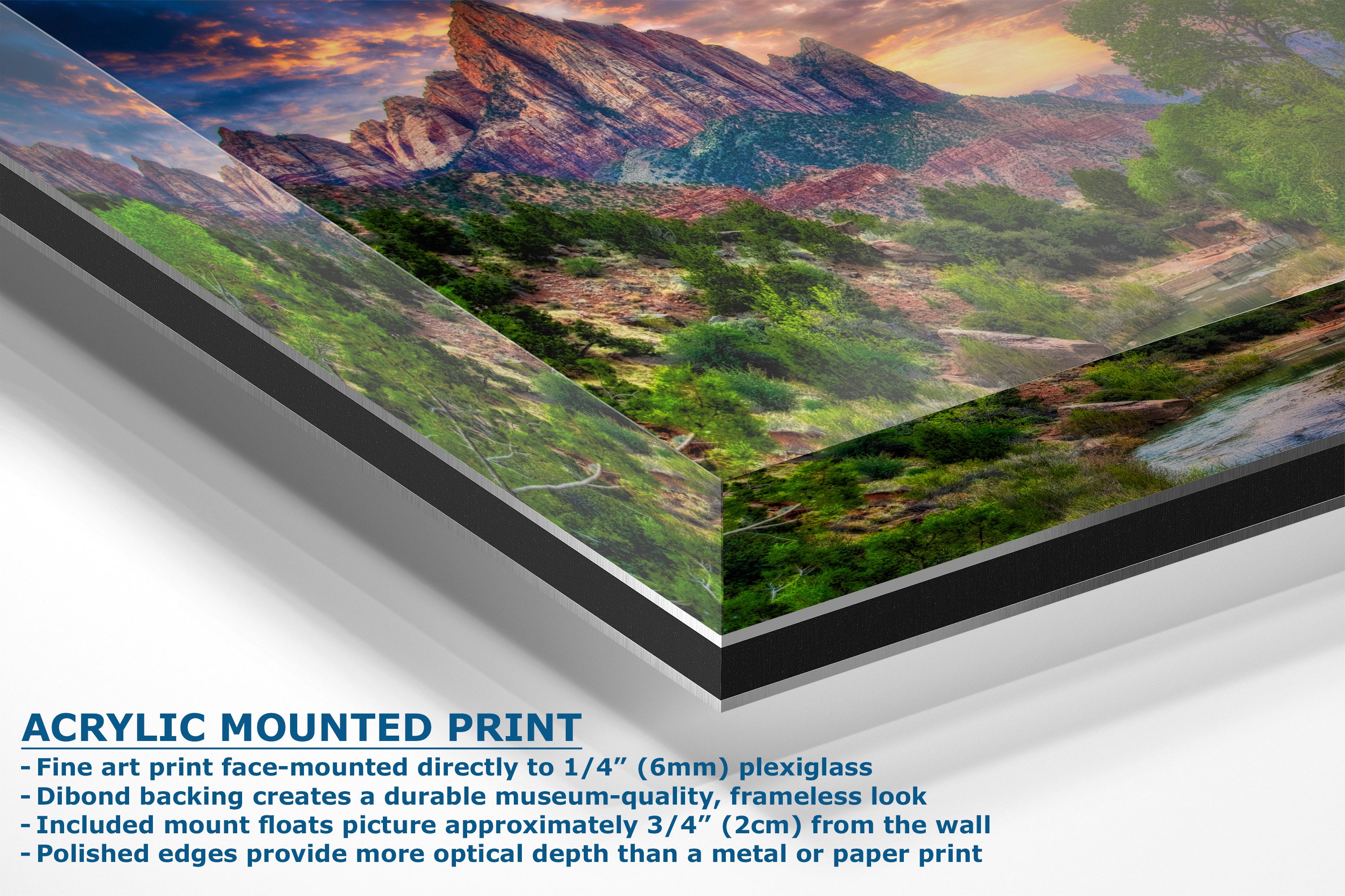 Acrylic mounted art print of a colorful canyon landscape, shown at an angle with descriptive text detailing its features and 1/4 inch acrylic construction.