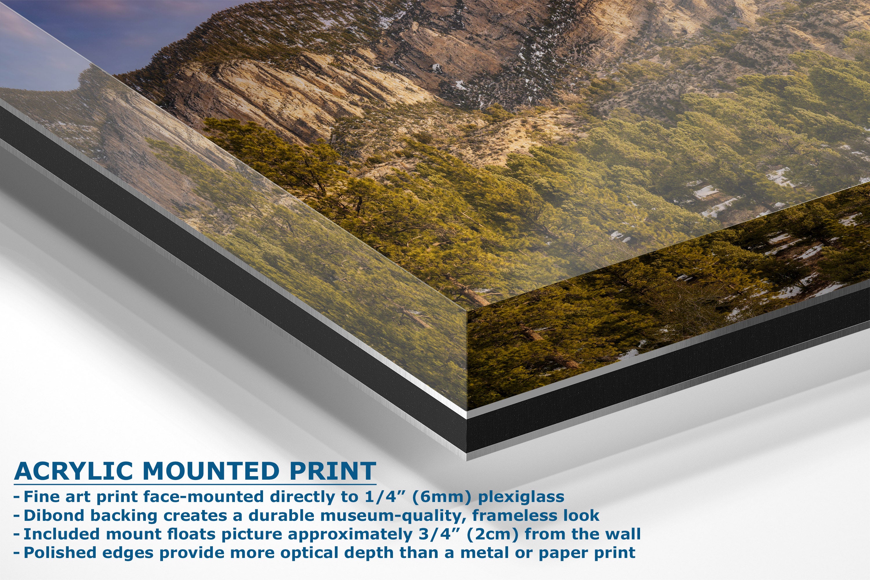 A corner view of an acrylic-mounted art print of a mountain landscape, showing a close-up of the print's thick black and clear acrylic frame structure with descriptive text overlay.