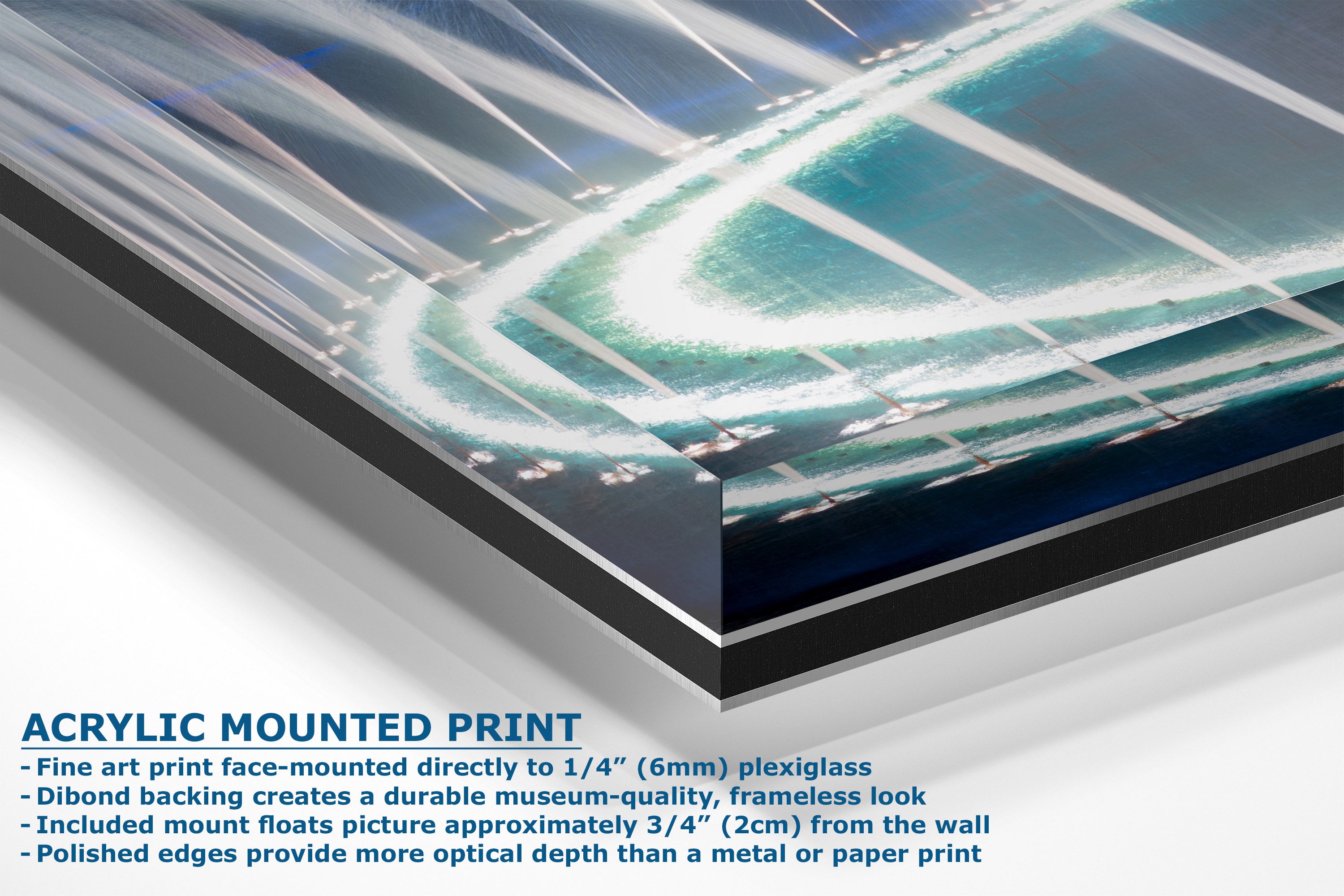 A corner view of an acrylic mounted art print showing a close-up of a glass plate with a blue and white abstract print, featuring descriptive text on a white background.