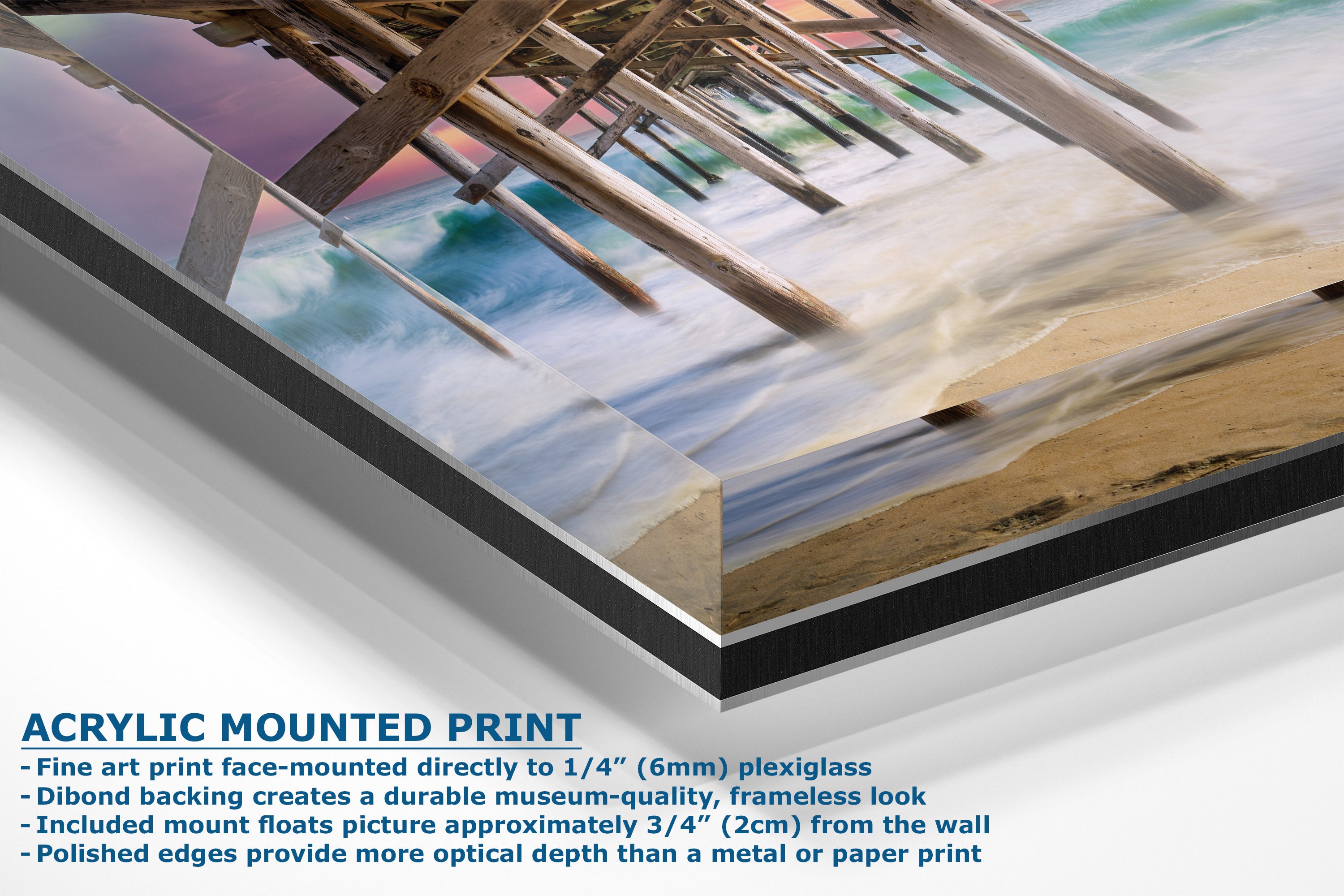 Acrylic mounted art print of a beach scene with a wooden pier, shown at an angle with descriptive text on a white background.