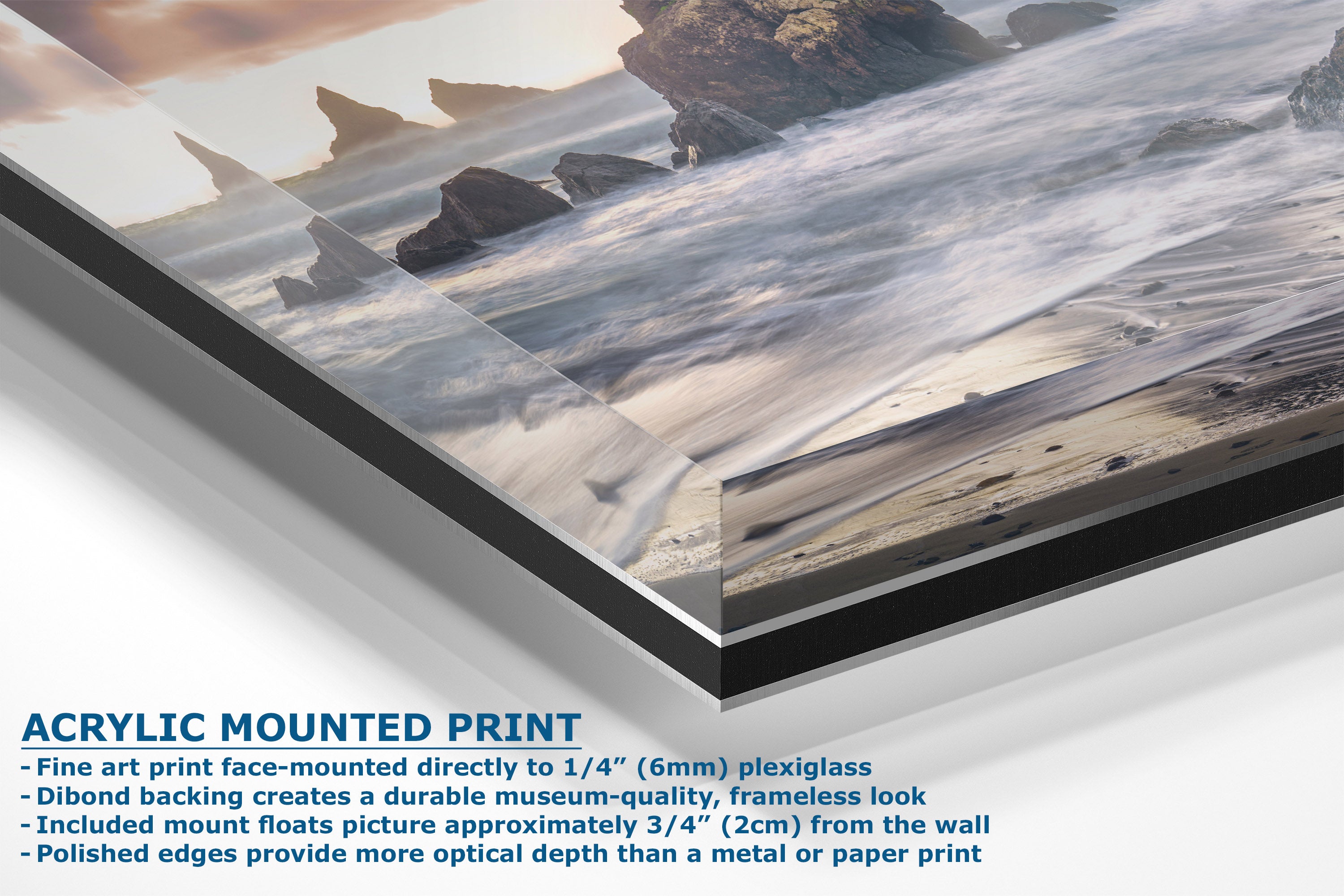 Acrylic mounted canvas print of a rocky beach scene, shown at an angle with descriptive text detailing its features on a white background.