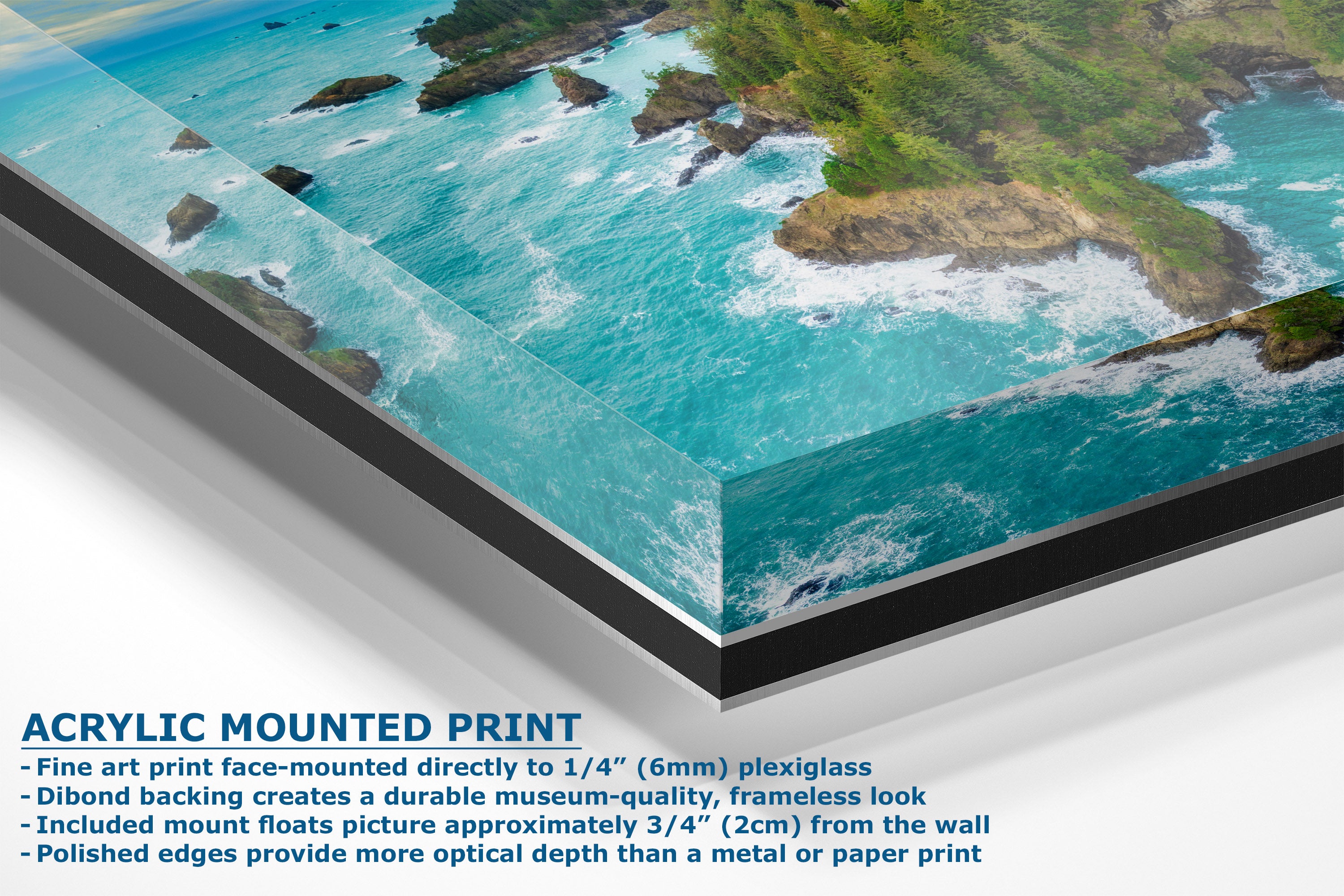 A corner view of an acrylic-mounted art print of a coastal landscape with turquoise water, green cliffs, and white surf, shown at an angle with product text on a white background.