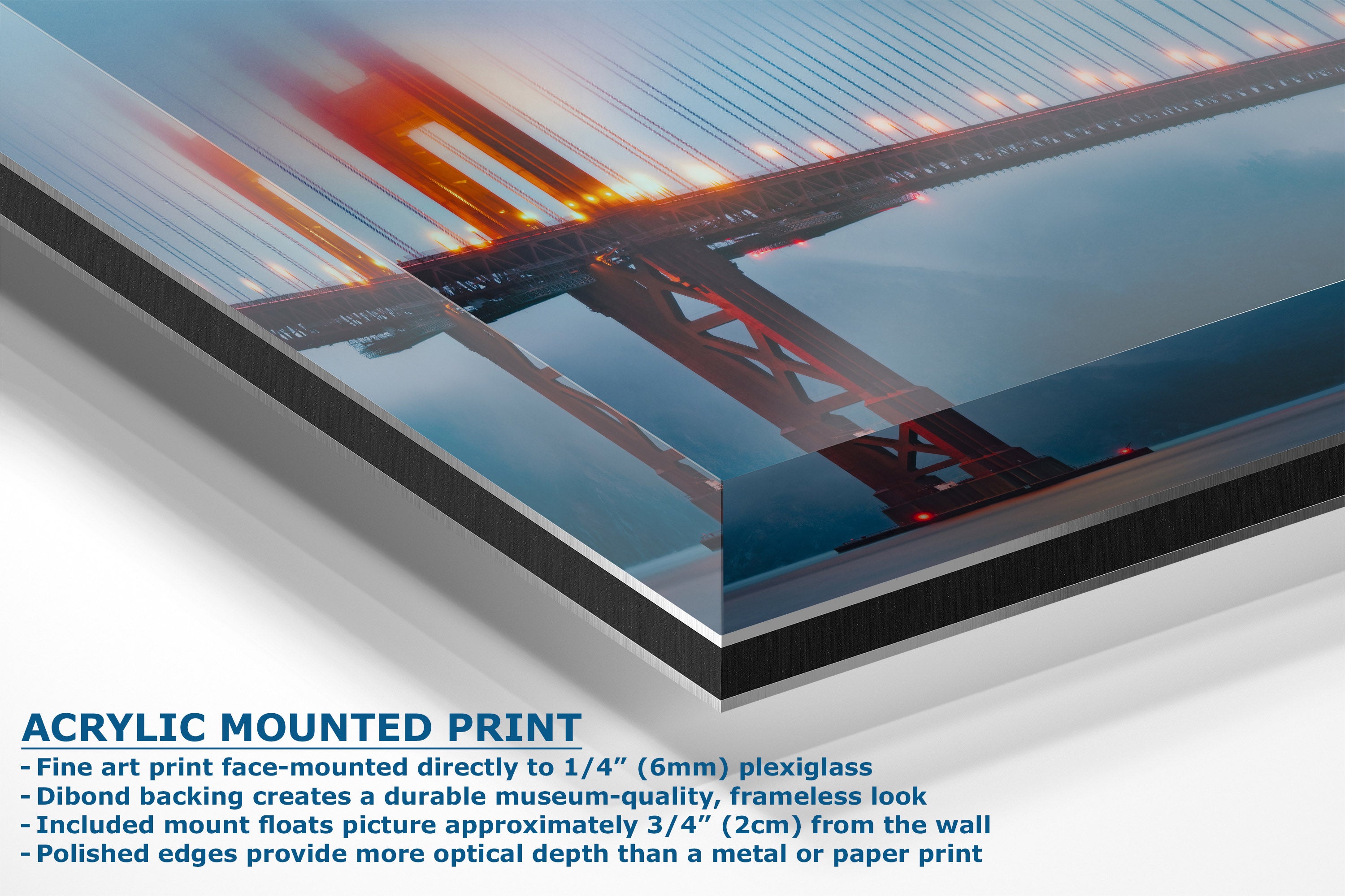 Acrylic mounted art print of the Golden Gate Bridge, showing a close-up of the plexiglass edge and a blue text overlay detailing the mounting specifications.