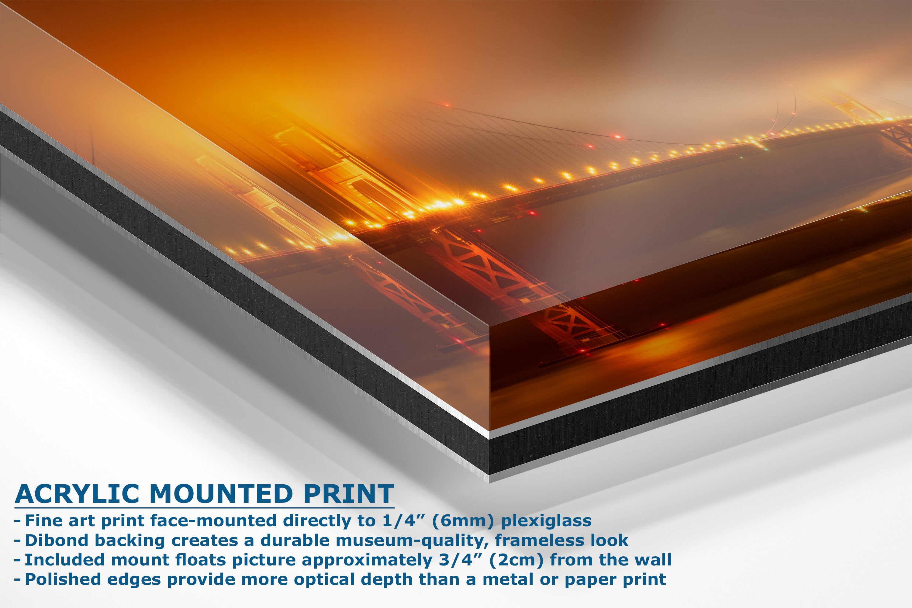 Acrylic mounted art print showing a warm-toned bridge scene with orange and yellow lighting, with descriptive text on the bottom left about the acrylic print features.