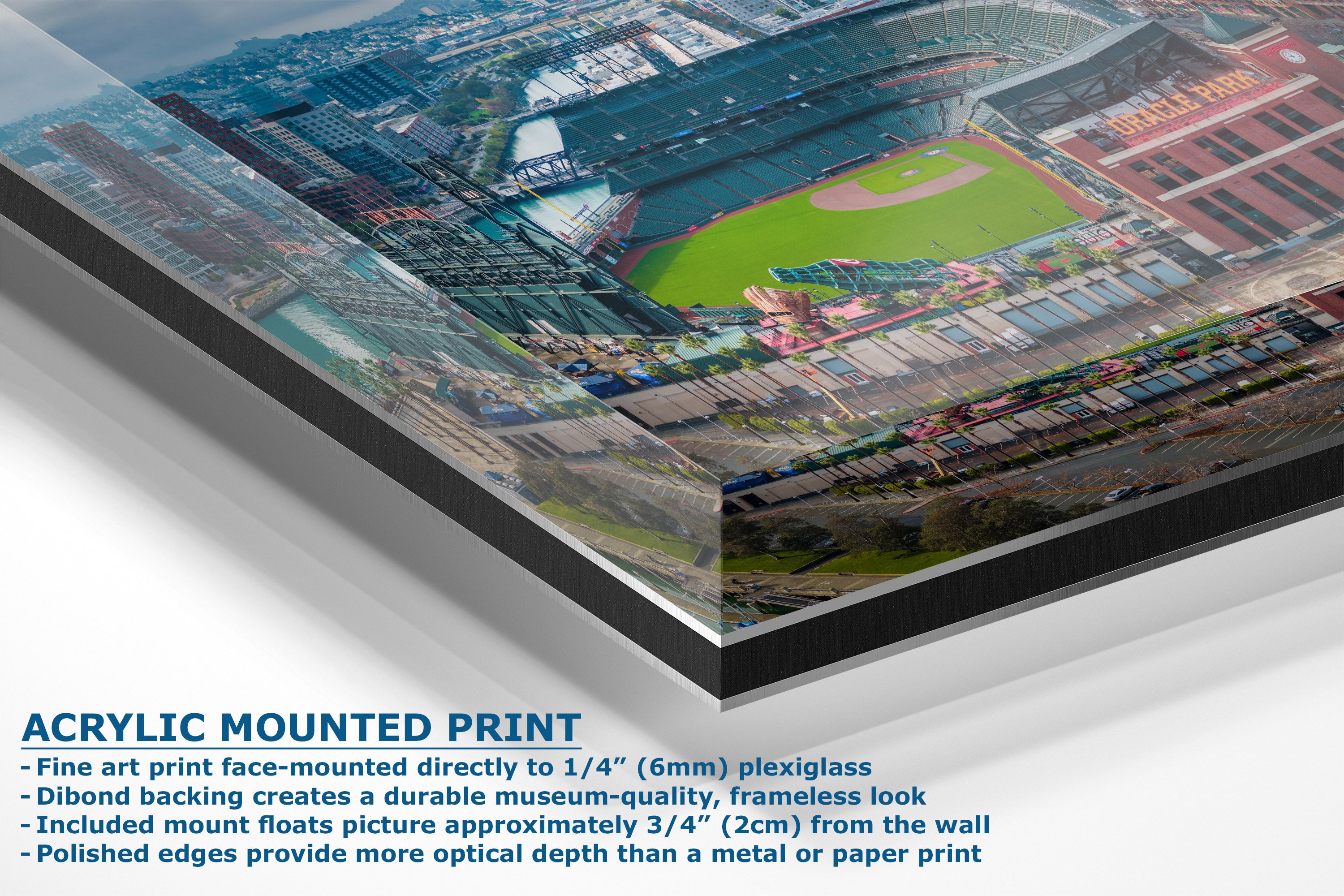 A corner view of an acrylic-mounted art print showing an aerial view of a baseball stadium, with descriptive text on the bottom left detailing the frame-mounting and backing features.