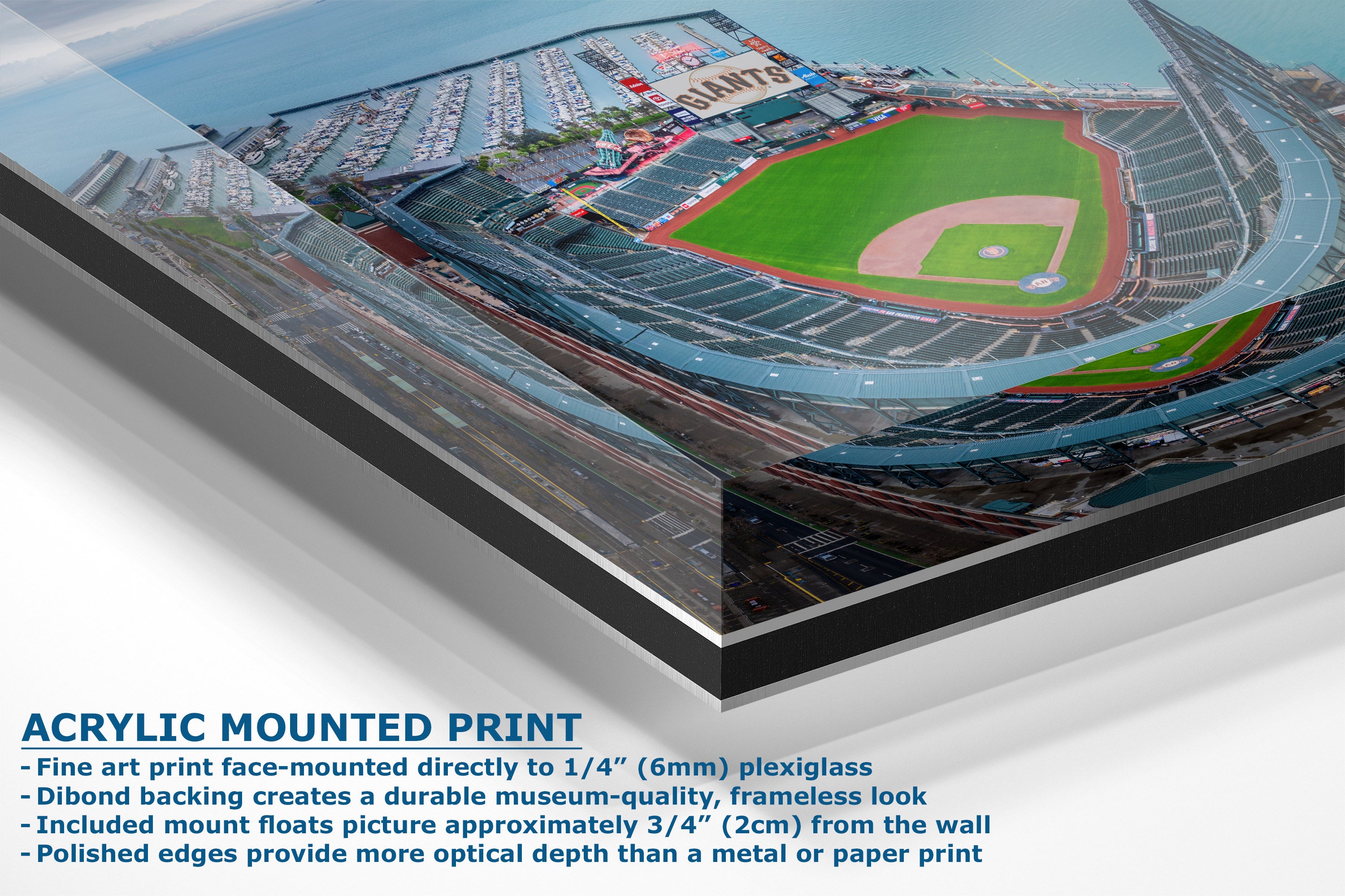 A corner view of an acrylic mounted print of a baseball stadium aerial view, shown at an angle with product details and text on a white background.
