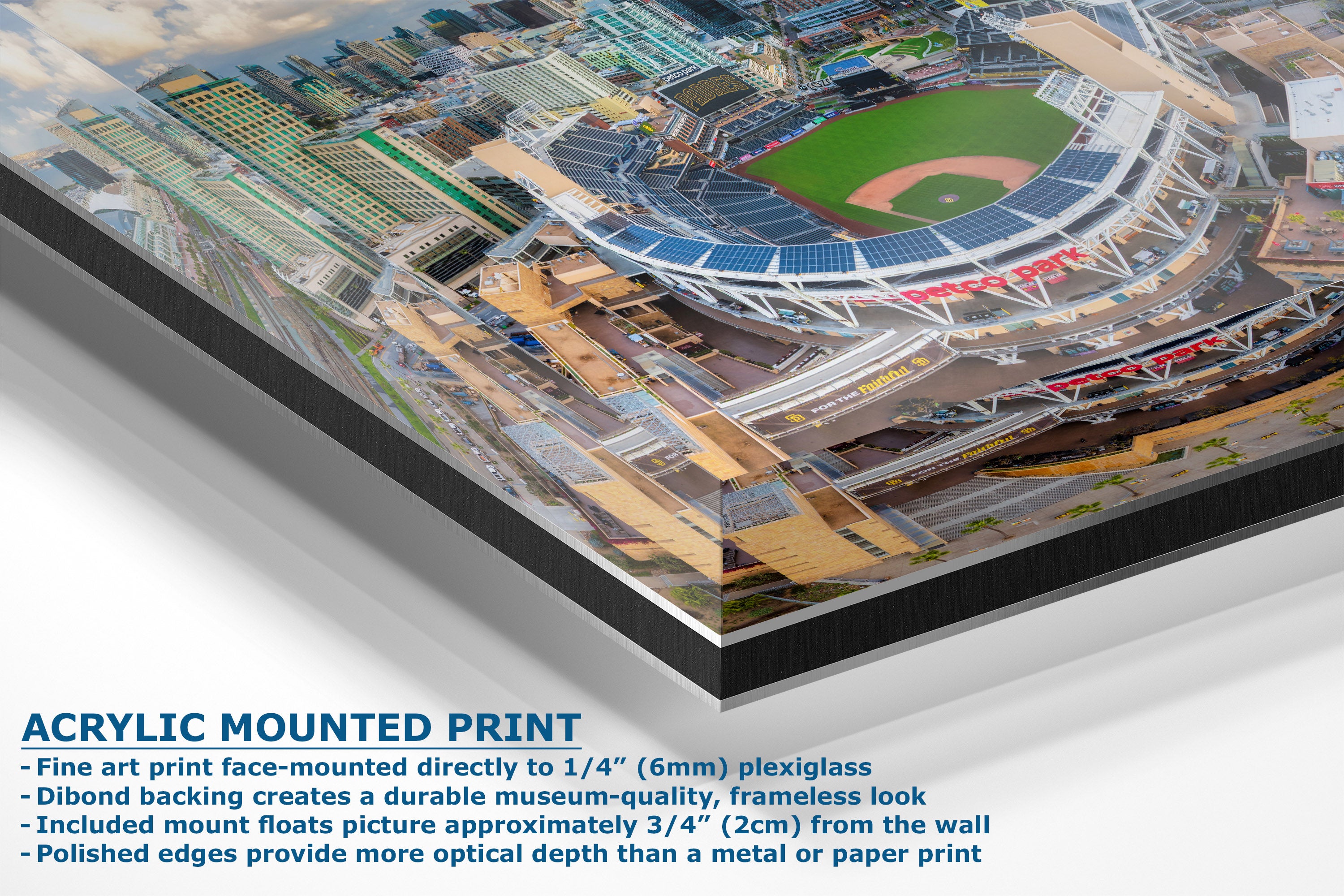 A corner view of an acrylic mounted art print of a baseball stadium aerial view, shown at an angle with descriptive text on a white background.