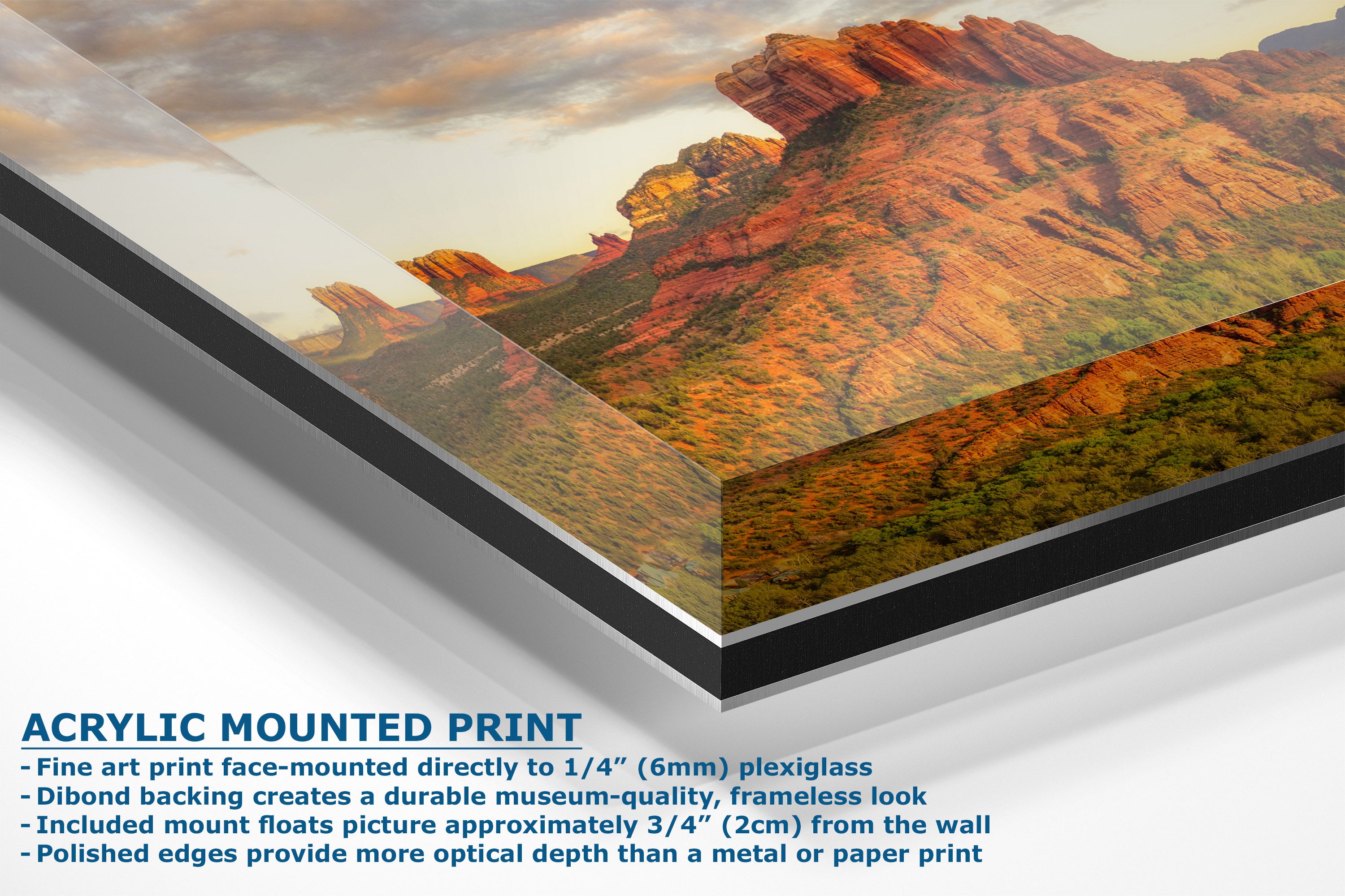 Acrylic mounted art print of a desert canyon landscape, shown at an angle with descriptive text highlighting its 1/4 inch arylic plexiglass thickness and frameless finish.