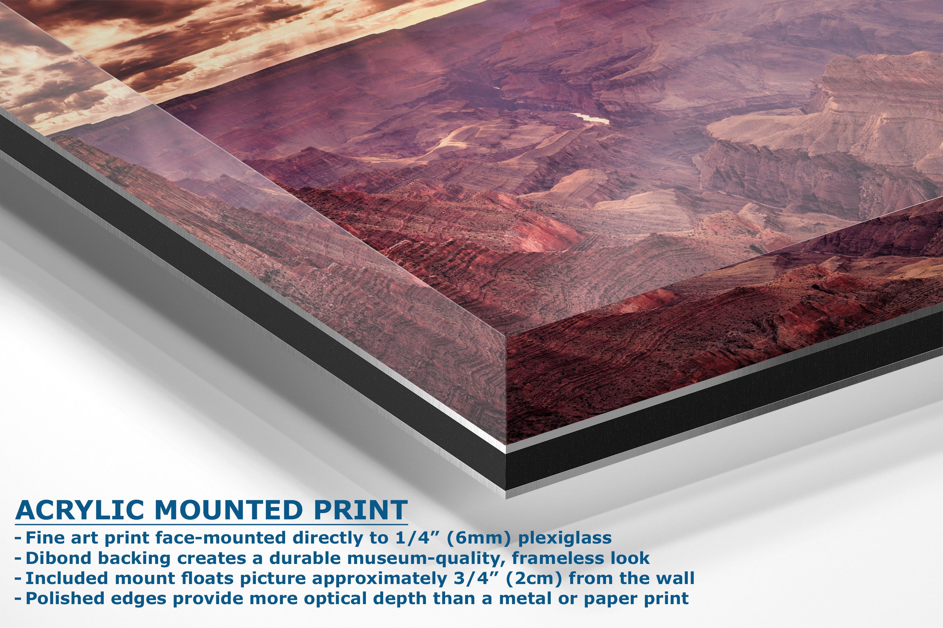 Acrylic mounted art print of a canyon landscape, shown at an angle with descriptive text detailing its features and specifications.