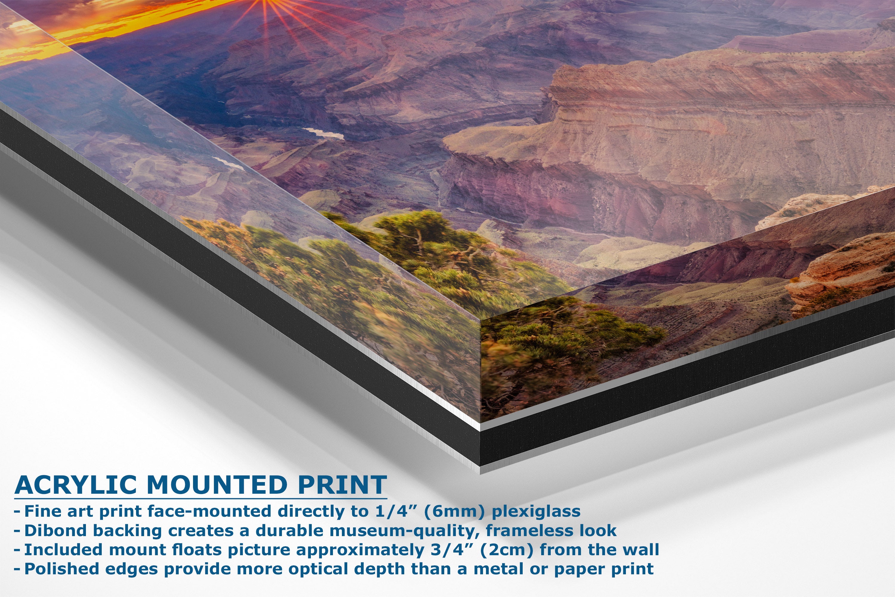 Acrylic mounted art print of a canyon landscape, shown at an angle with descriptive text detailing its features, including 1/4 inch plexiglass and a frameless look.