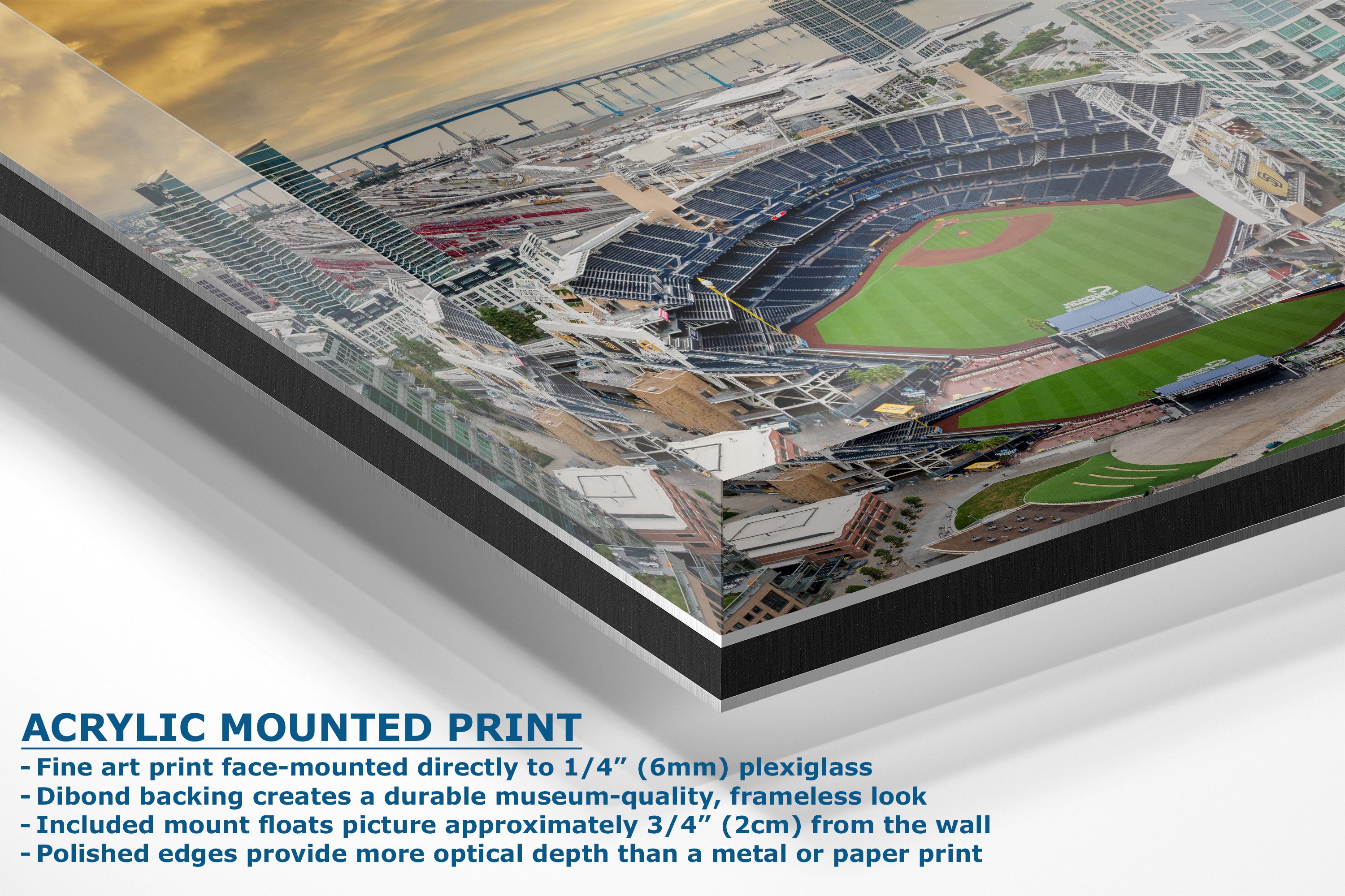 Acrylic mounted print of an aerial view of a baseball stadium, shown at an angle with descriptive text on a white background.