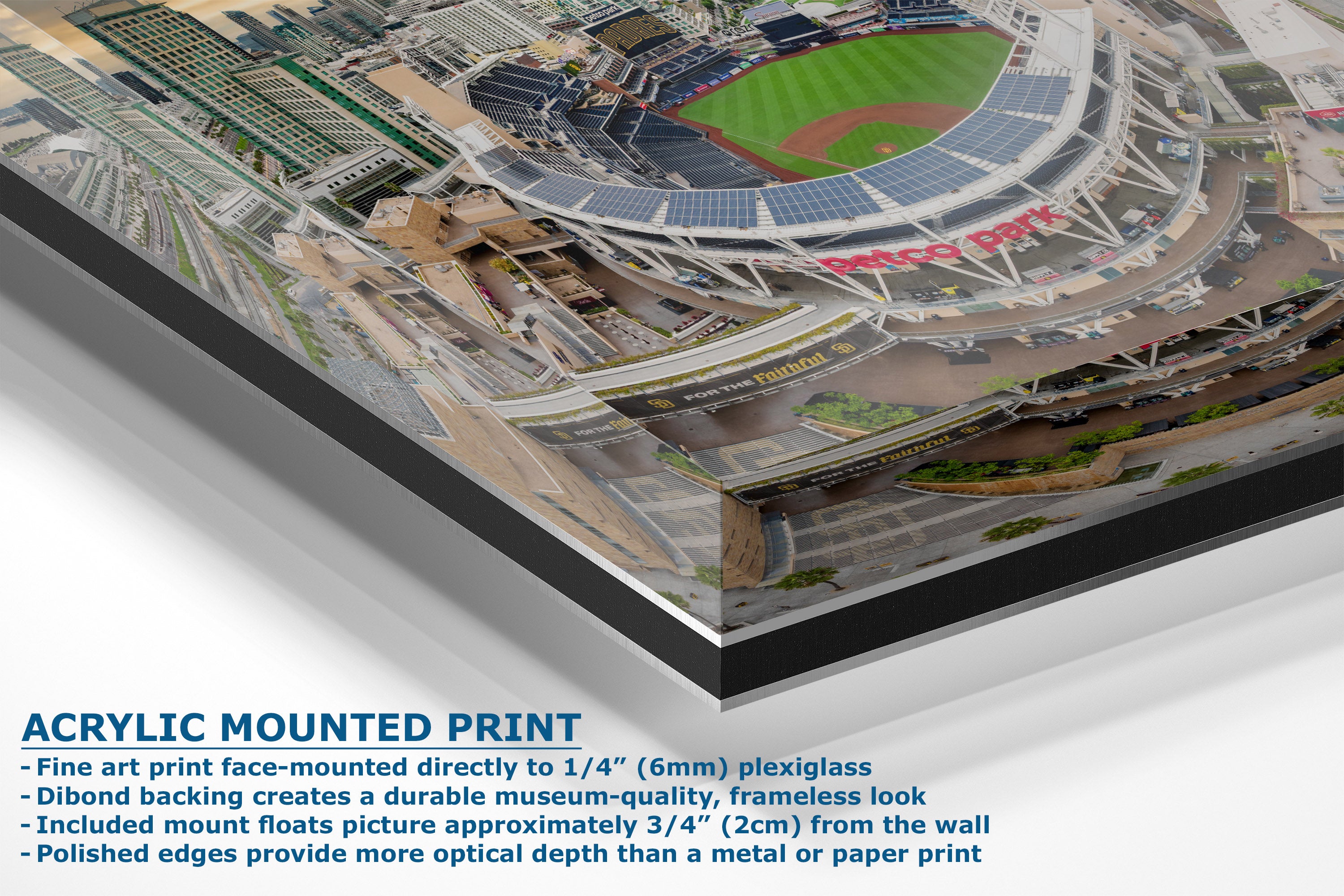 An acrylic mounted art print of a baseball stadium, shown at an angle with descriptive text on the bottom left detailing the mounting and dimensions.