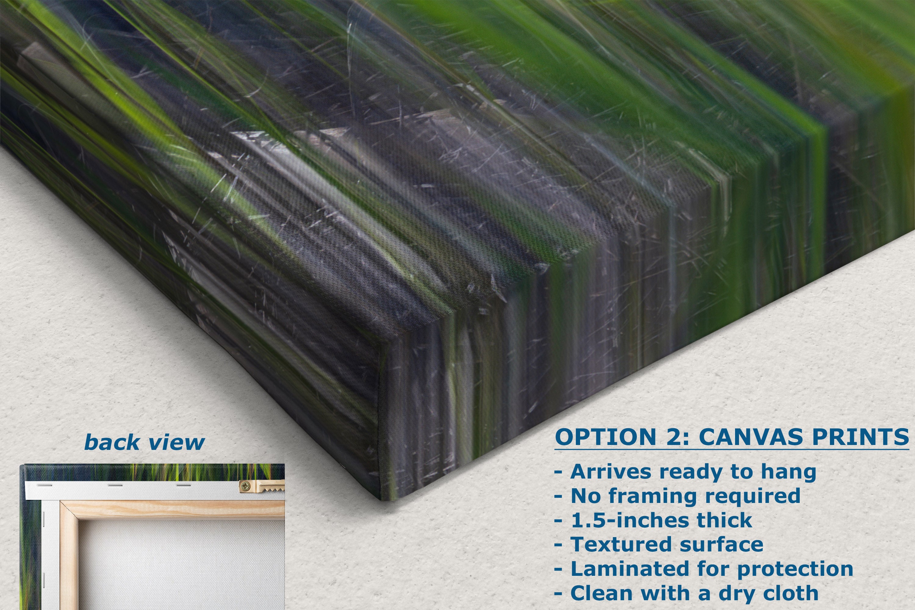 A close-up of a canvas print showing its textured surface and layered abstract design in green, black, and gray. The image includes text detailing product features for canvas prints and a small inset showing the back view with a frame.