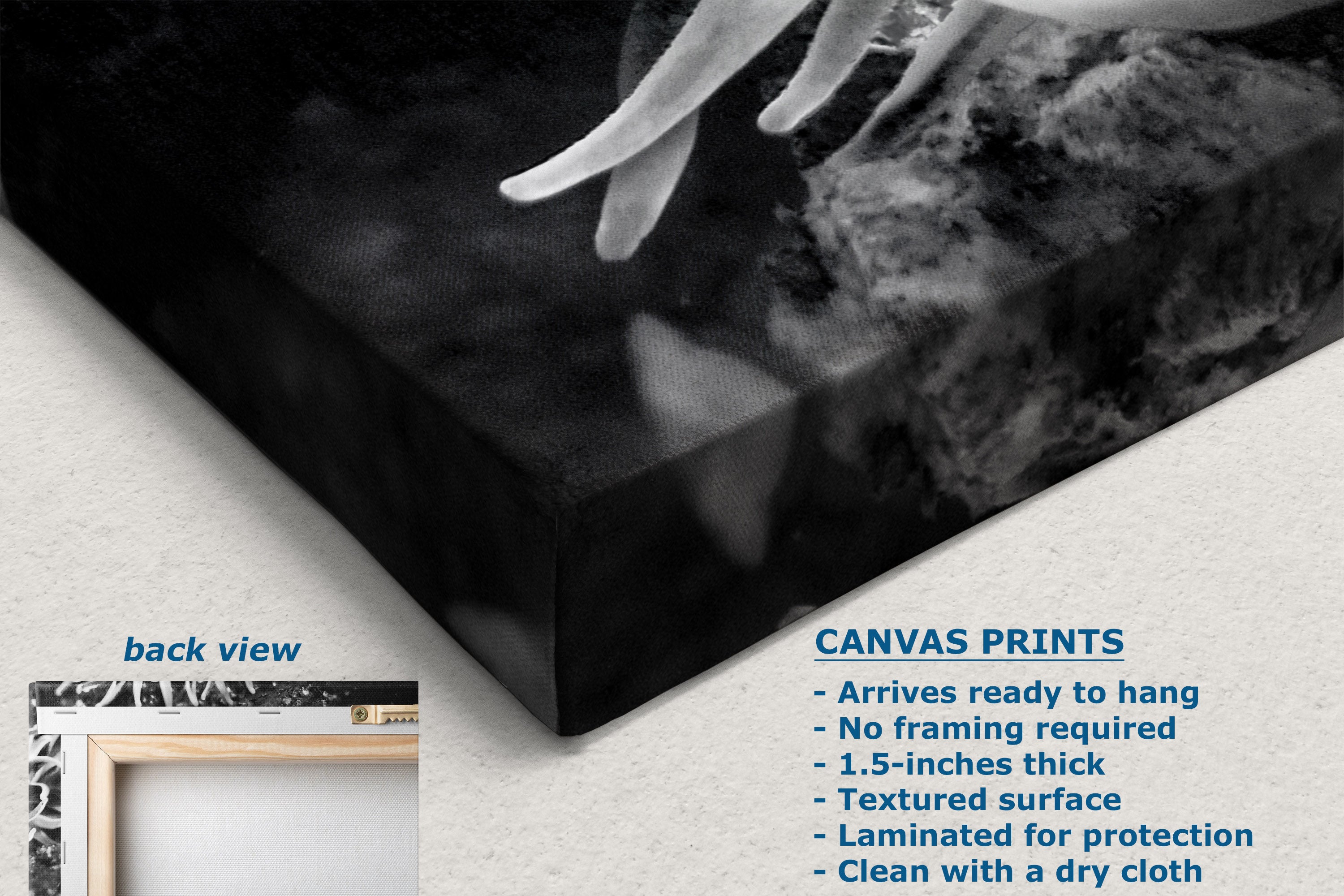 Black and white canvas wall art print shown at an angle on a light textured background, with text describing the canvas print features and a small inset showing the back view with a frame.