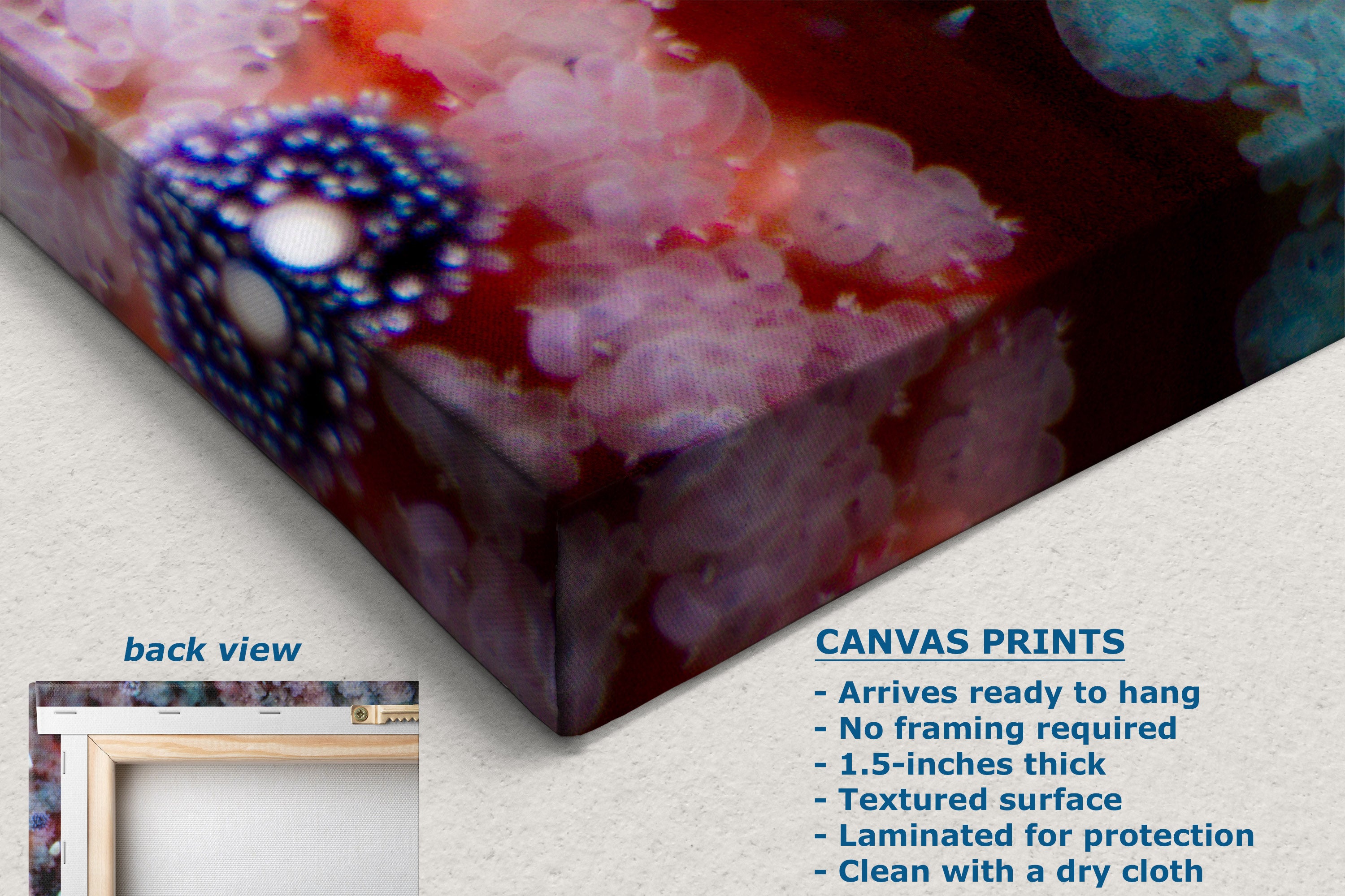Canvas wall art print shown at an angle with a close-up of the printed surface, plus a small inset labeled back view and text listing product features for canvas prints.