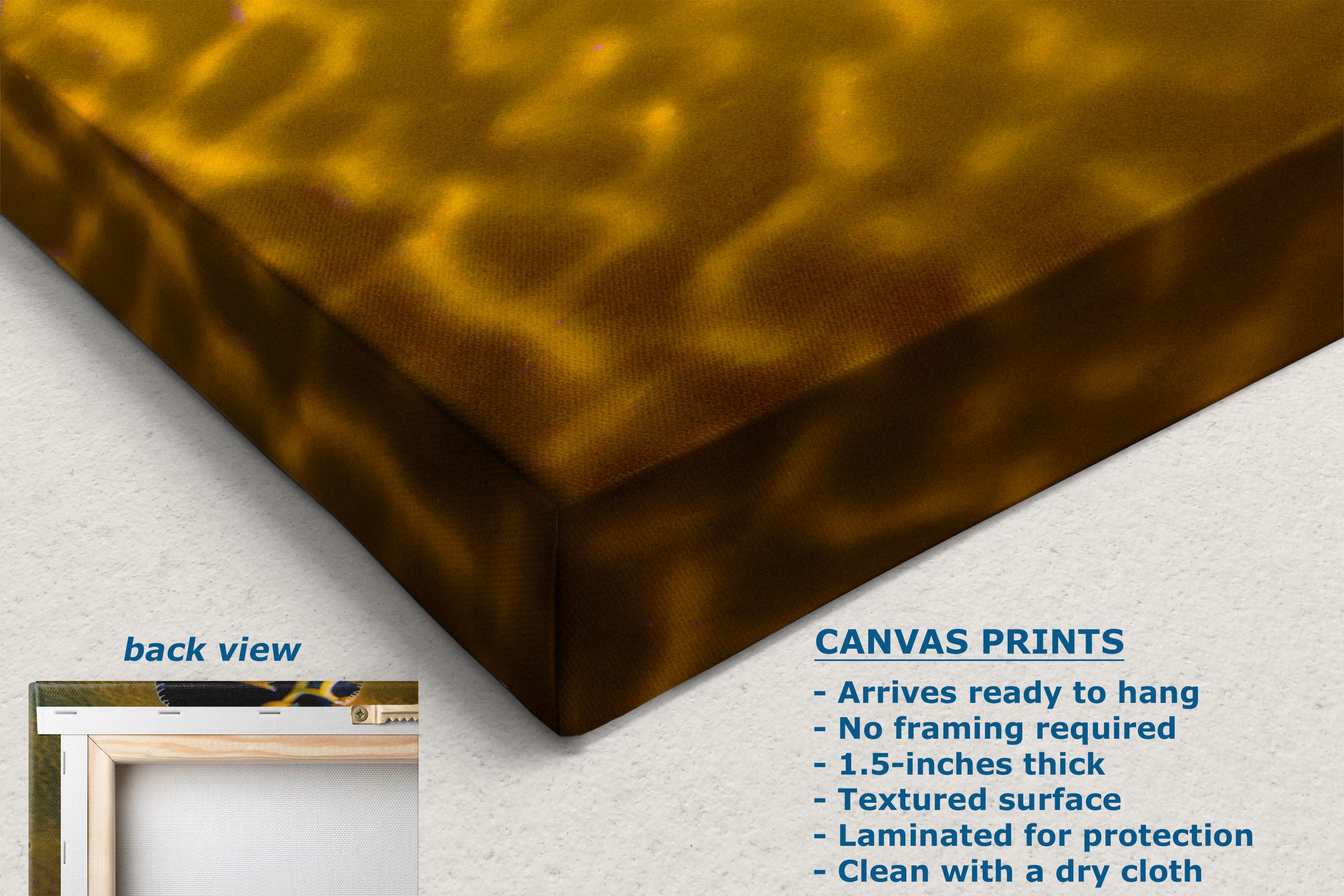 A close-up of a canvas print showing a textured, wavy abstract pattern in golden yellow and brown tones. The image includes informational text overlays detailing product features ('CANVAS PRINTS') and a small inset labeled 'back view' showing a white hanging frame.