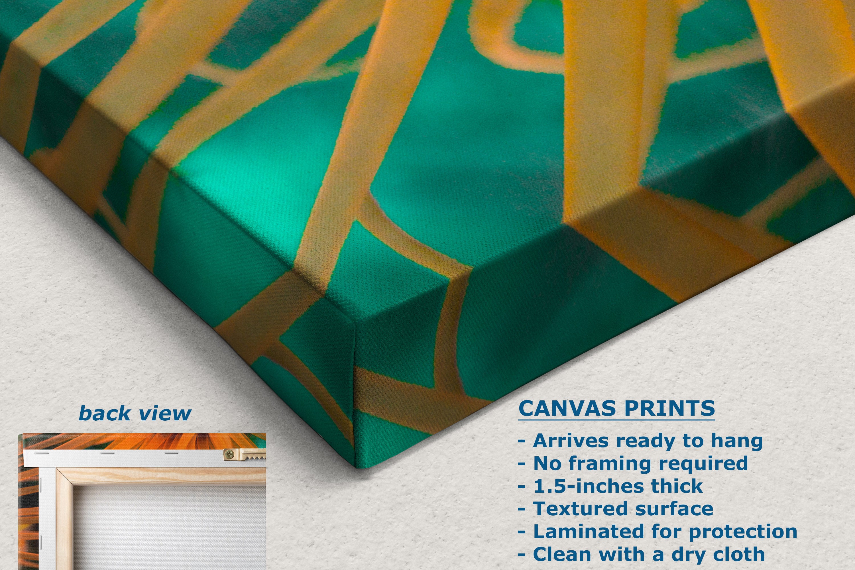 A canvas wall art print shown at an angle with a teal and gold geometric pattern, alongside text describing the product features and a small inset labeled back view.