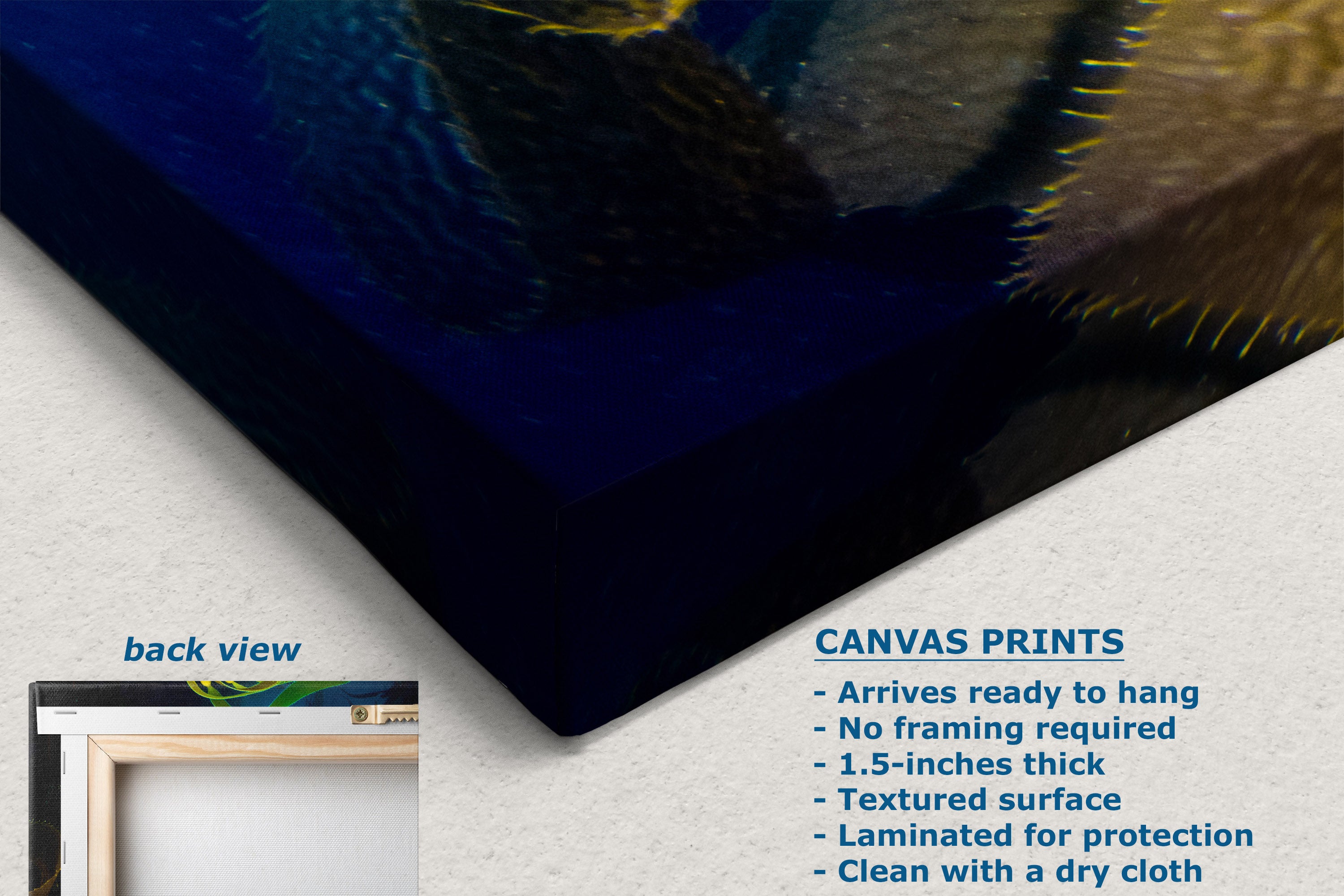 A close-up of a canvas print showing its wrapped edge and textured dark blue artwork, with text listing product features and a small inset labeled back view.