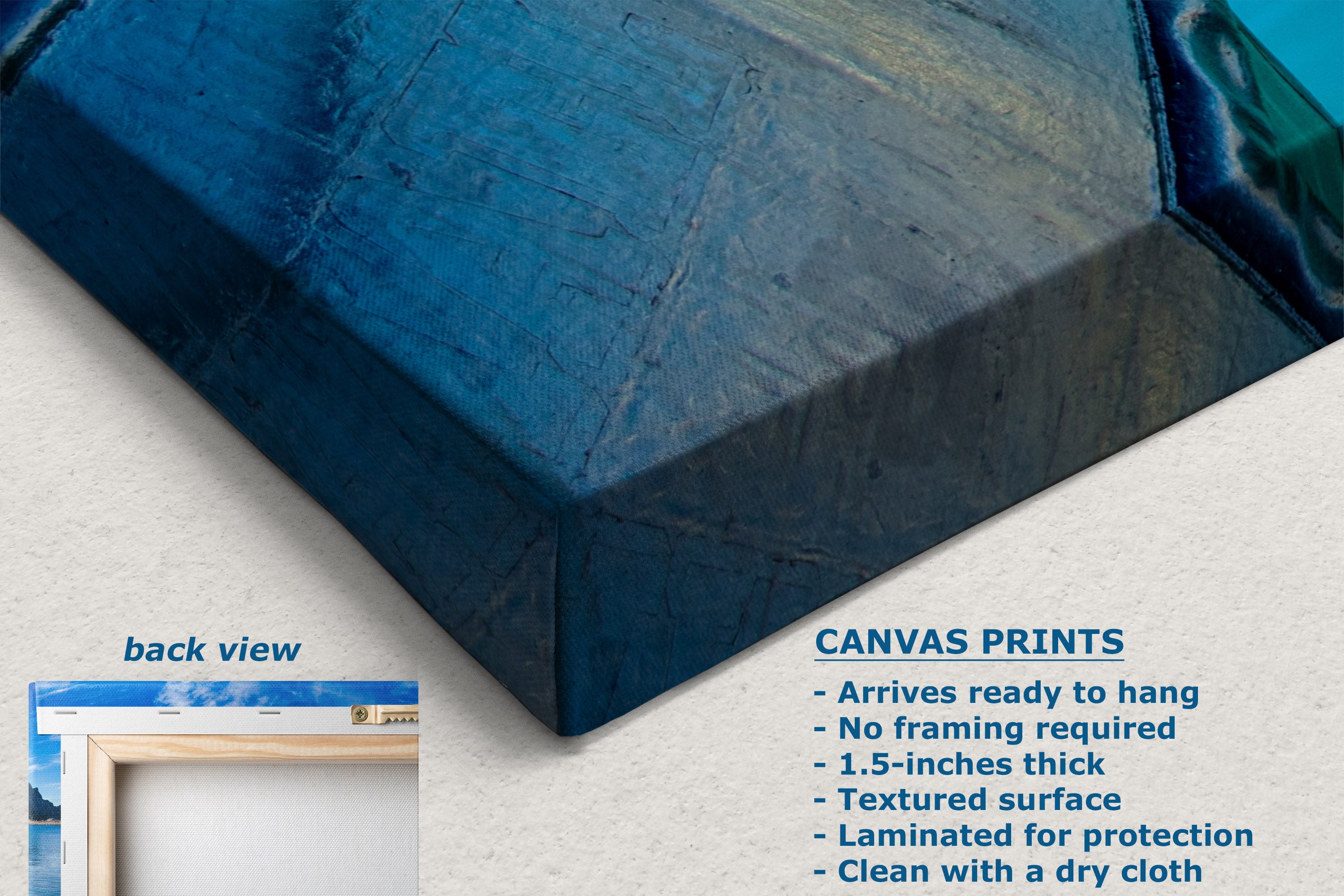A close-up of a blue textured canvas print showing the front and side of the wrapped canvas, with text listing product features and a small inset labeled back view.