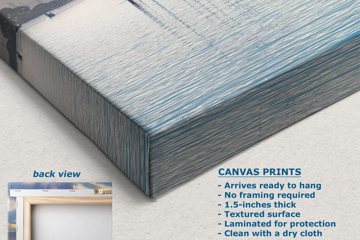 A canvas print product photo showing a wrapped canvas from an angled back view, with a small inset labeled 'back view' and text describing canvas print features on a light neutral background.