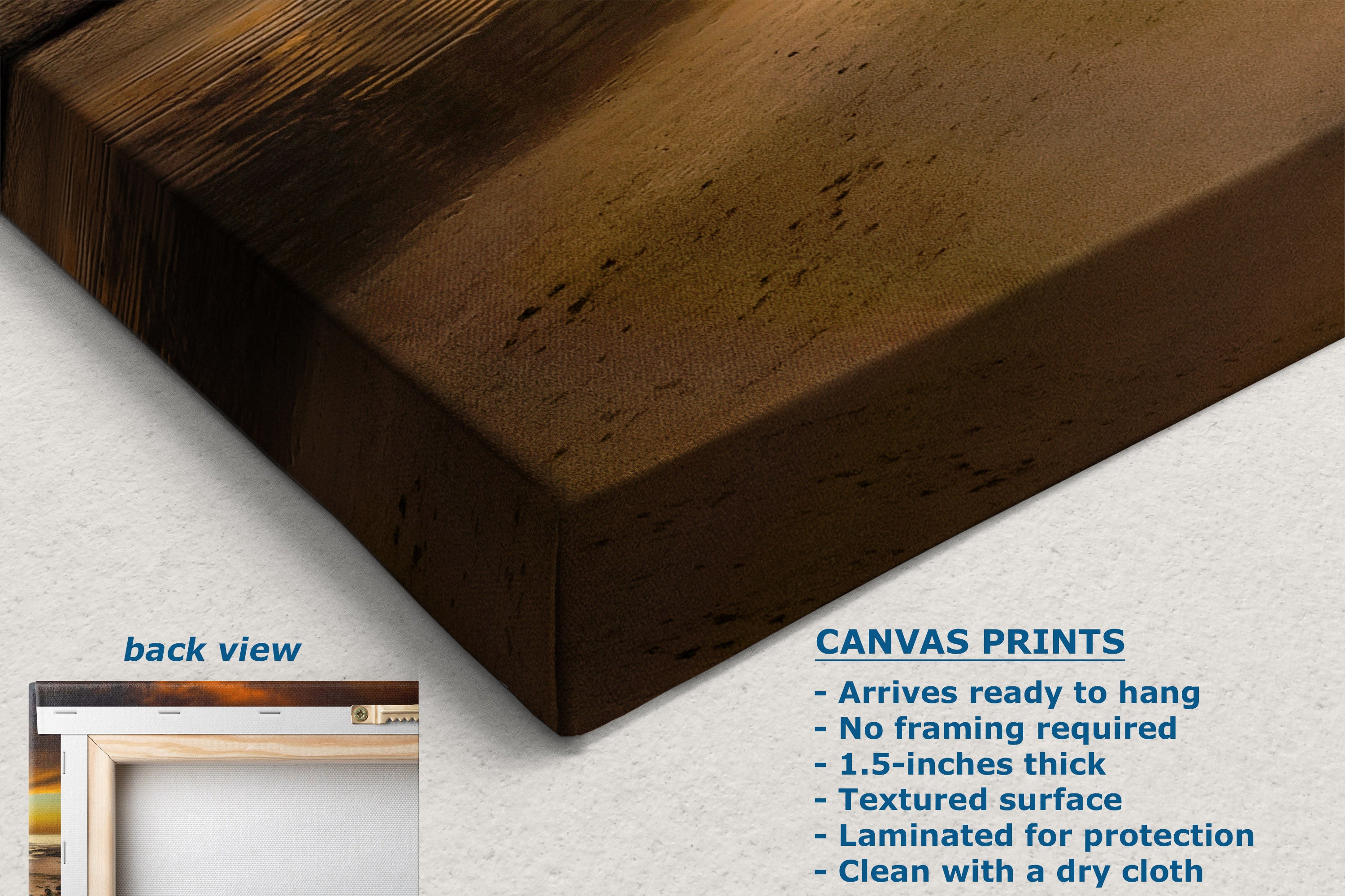 A close-up of a dark brown textured canvas print showing the corner and surface texture, with a small inset labeled 'back view' and blue text listing product features on a light background.