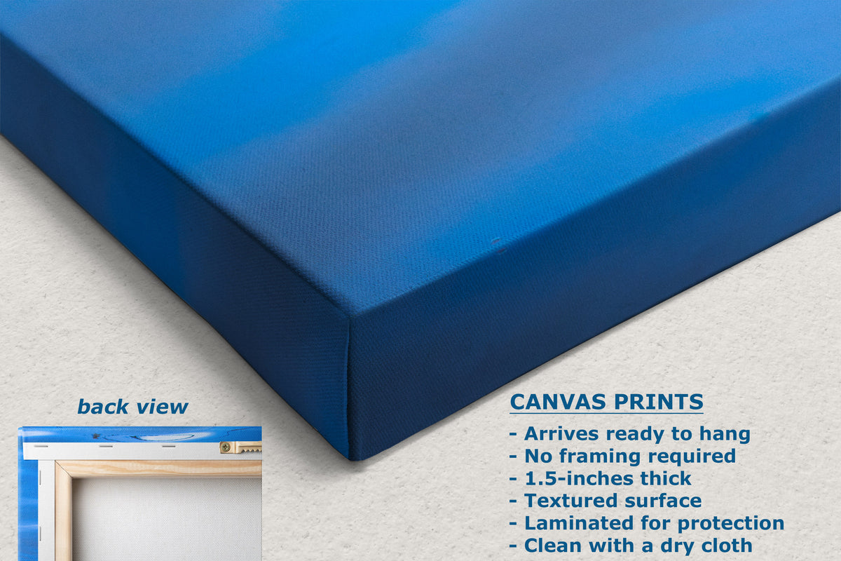 A blue canvas print shown at an angle with a textured surface, alongside a small inset labeled back view and text describing canvas print features.