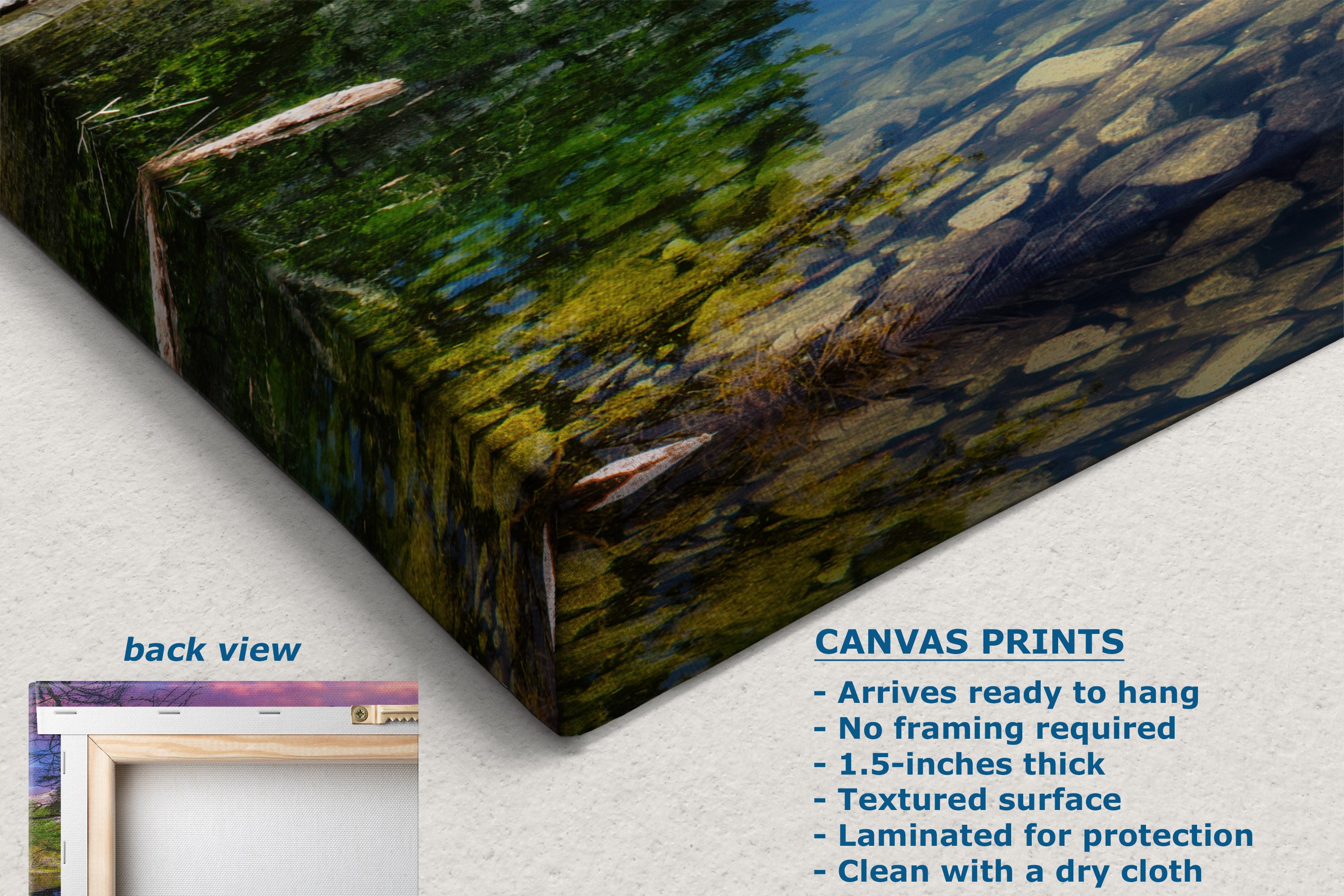 Canvas wall art print showing a textured forest shoreline with green foliage, brown branches, and blue water reflections, displayed at an angle with text callouts and a small back-view inset.