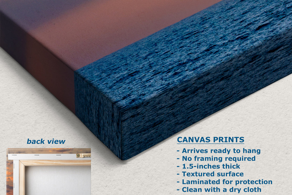 A close-up of a canvas print showing its textured fabric surface and folded edge, with text describing canvas print features and a small inset labeled back view.