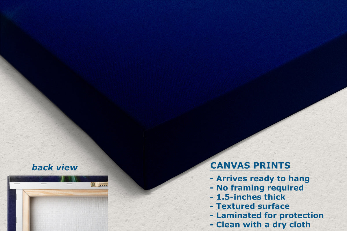 A corner view of a dark blue canvas print shown at an angle with a textured surface, alongside a small inset labeled 'back view' and text describing canvas print features and installation details.