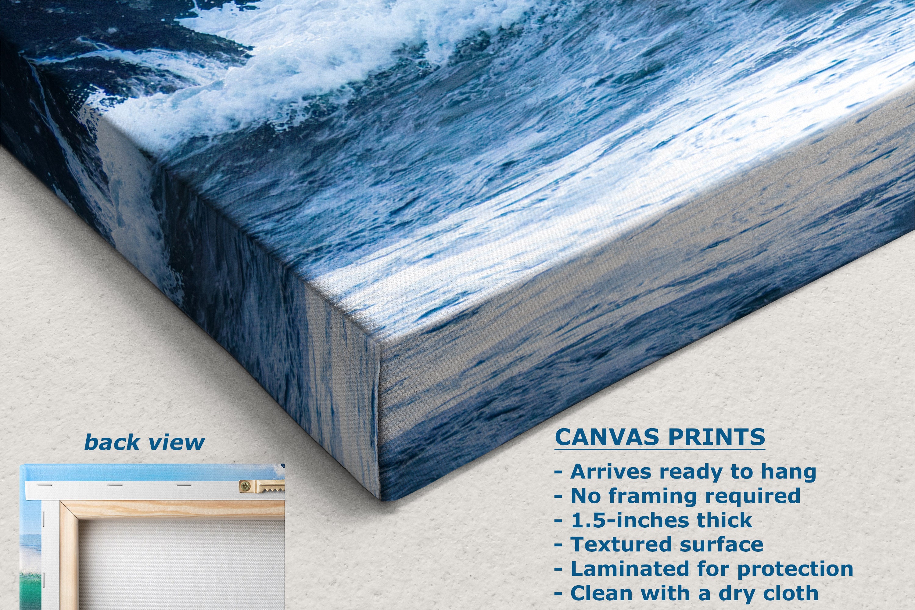 Canvas wall art showing a blue ocean wave scene, with a side view of the wrapped canvas and a small inset labeled back view. Text on the right lists product details for canvas prints.