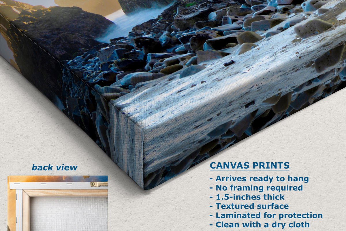 A canvas print of a rocky waterfall landscape shown at an angle, with text describing product features and a small inset showing the back view of the frame.
