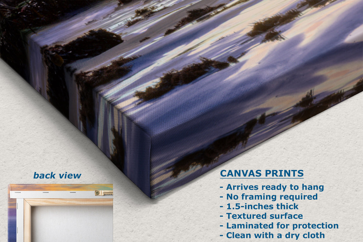 A canvas print showing the corner angle and depth of the artwork. Text on the image describes the canvas print features, including a textured surface.