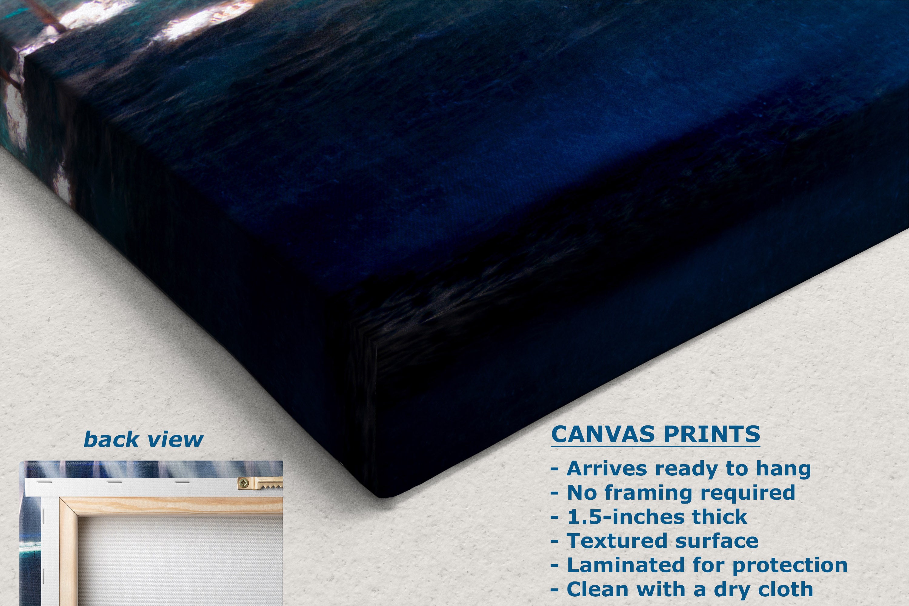 A corner view of a canvas wall art print shown at an angle on a light textured background, with text describing the back view and product details. The artwork is predominantly deep navy blue with dark textured brushstrokes and lighter white highlights.