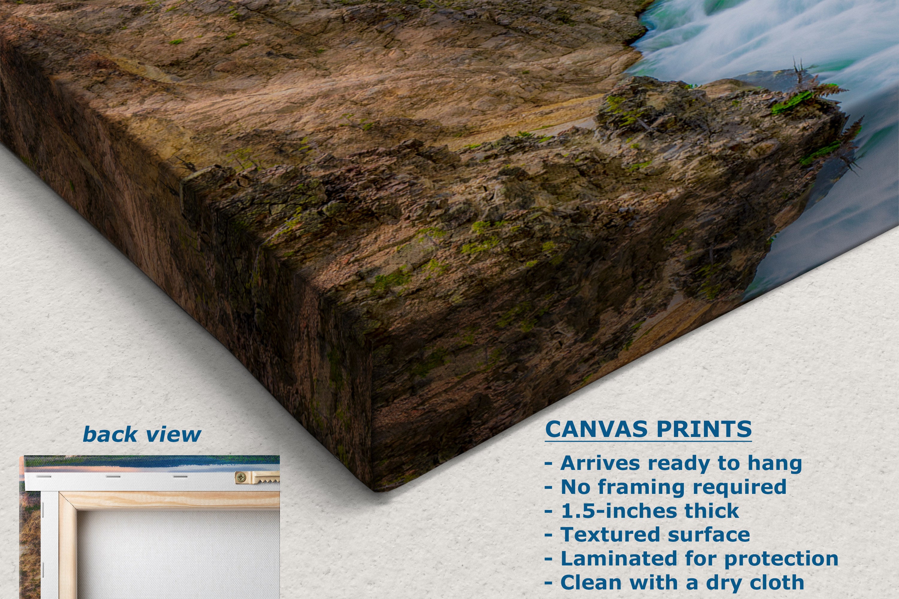 A canvas wall art print showing a dramatic rocky cliffside with flowing water, displayed at an angle on a light background. The image includes a small inset labeled 'back view' and a text block describing the print's features.