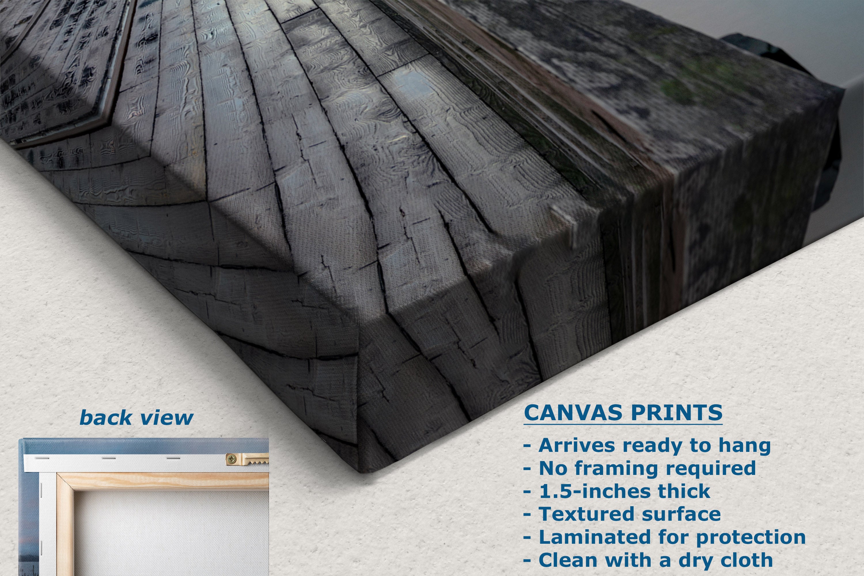 A canvas print product mockup showing a close-up of a textured dark gray wood-grain patterned wall art piece, with text describing features and a small inset labeled back view on a light background.