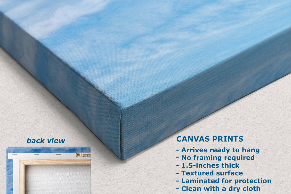 A corner view of a blue canvas wall art print shown at an angle on a light neutral background, with text describing the product features and a small inset labeled back view showing the side edge and frame-ready presentation.