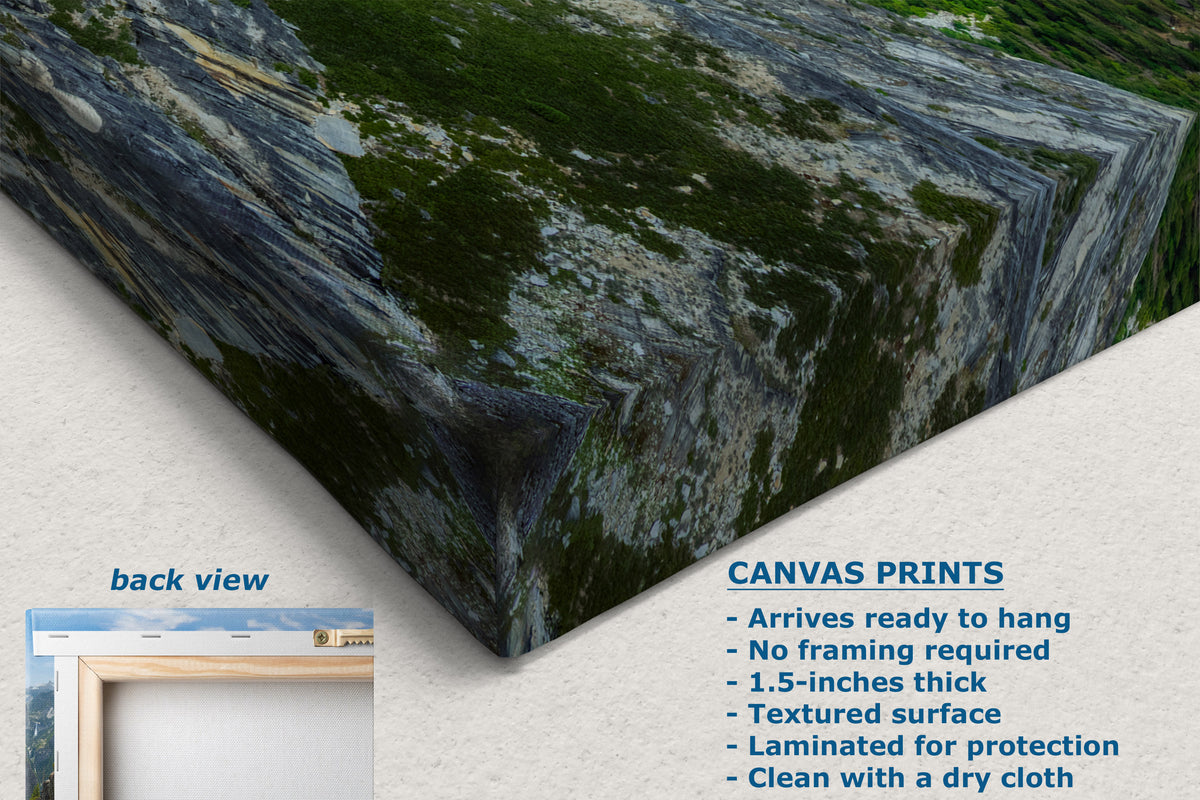 A corner view of a canvas print showing a close-up of a mossy green and gray rocky cliff face, with a small inset labeled 'back view' and text describing the canvas print features on a light neutral background.