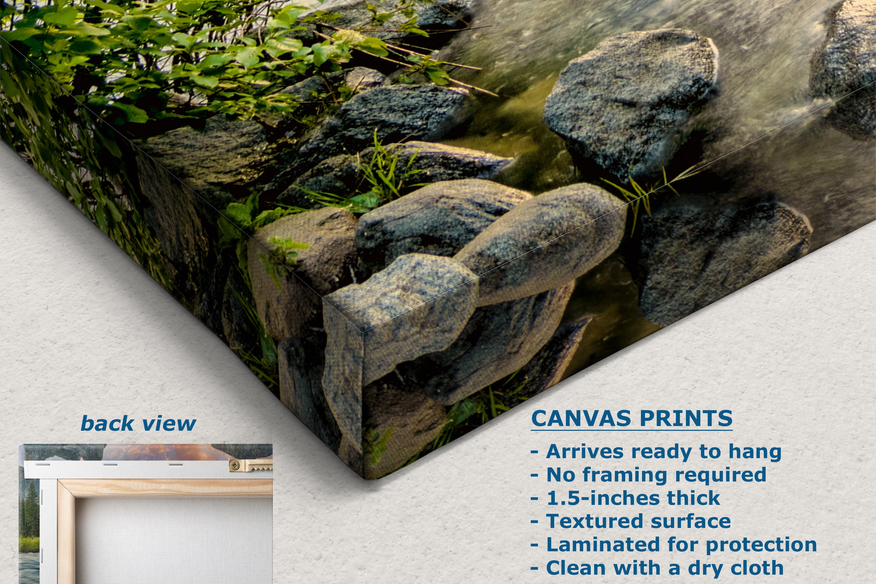 A canvas print product mockup showing a rocky stream scene with green moss and plants, photographed at an angle on a light background. Text on the image describes the print features, and a small inset labeled 'back view' shows part of the frame edge.