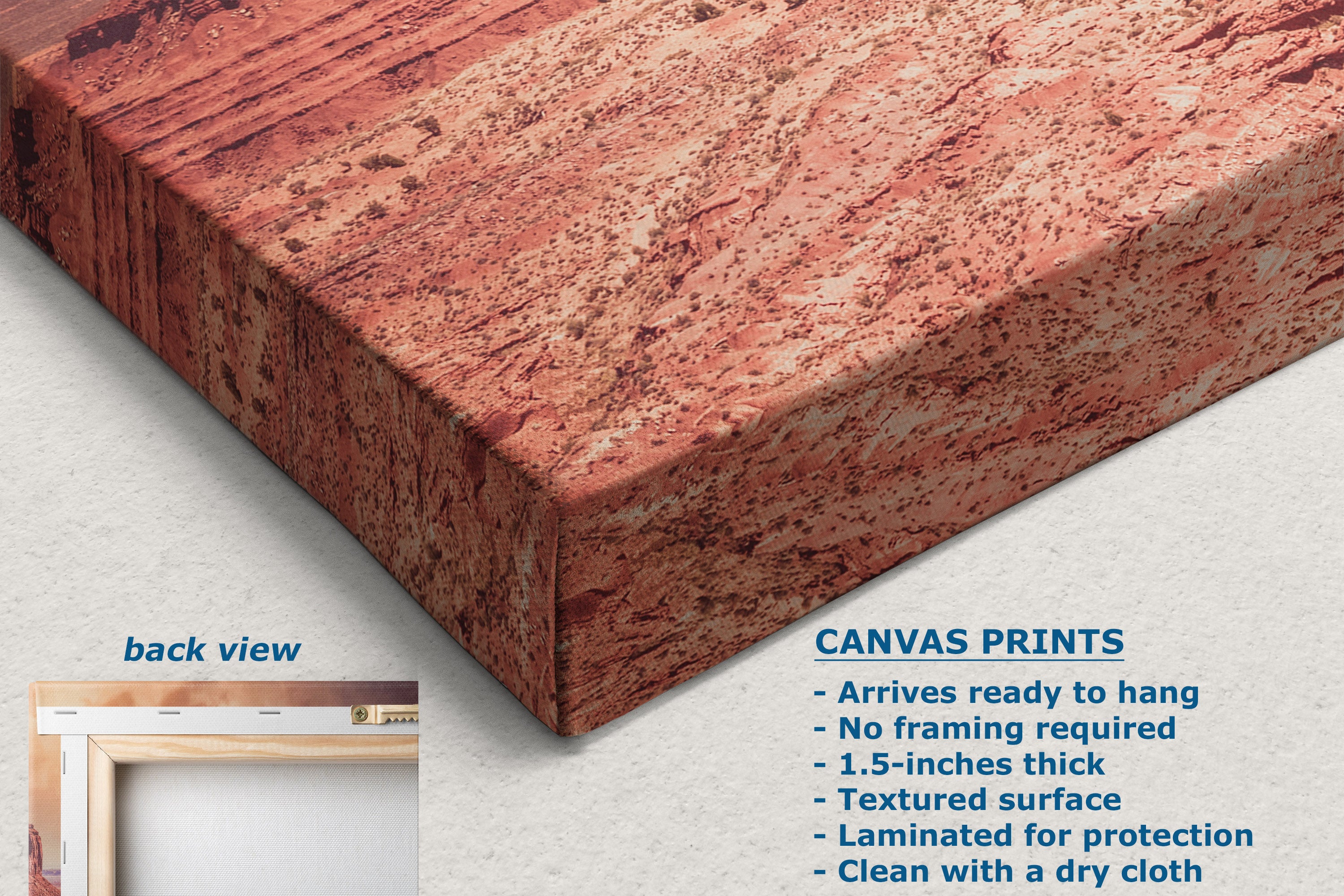 A close-up of a textured canvas print showing a red and brown wood-grain pattern, with a small inset labeled 'back view' and text describing canvas print features.