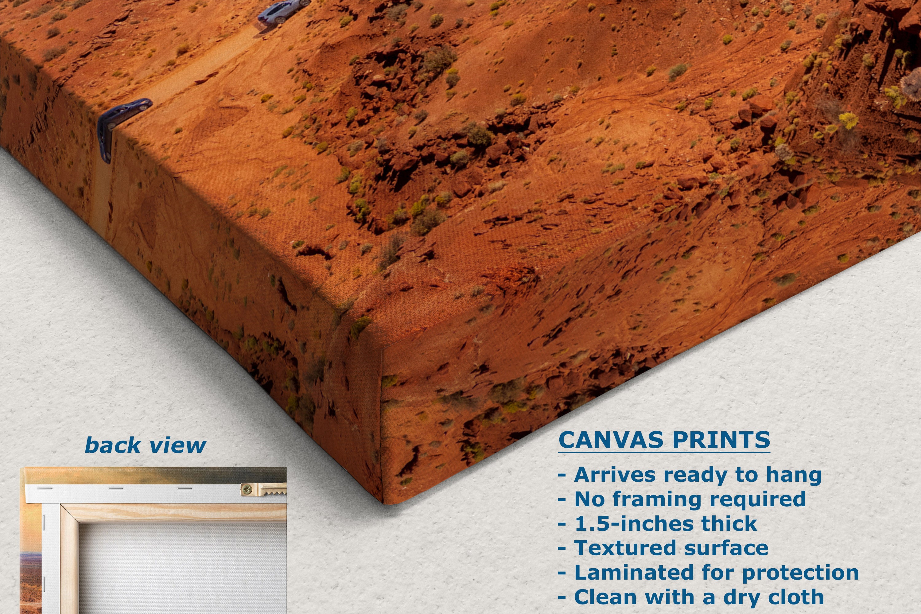 A corner view of a canvas wall art print showing a desert landscape in warm orange-brown tones, displayed at an angle with a small inset labeled back view and product text describing canvas print features.