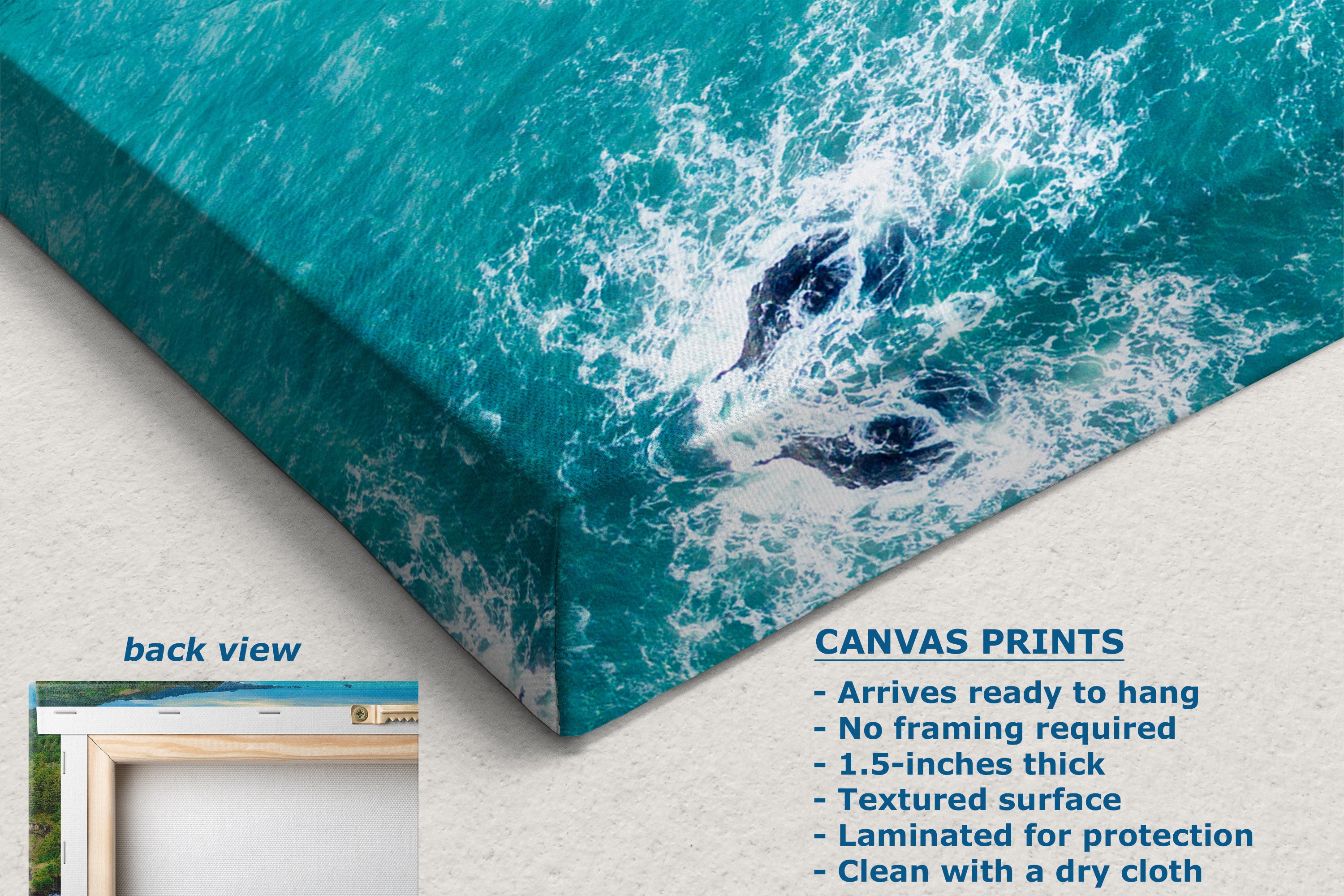 A corner view of a canvas wall art print showing a close-up of ocean waves, displayed at an angle on a light wall. Text on the image describes the canvas print features, and a small inset shows the back view with a frame.