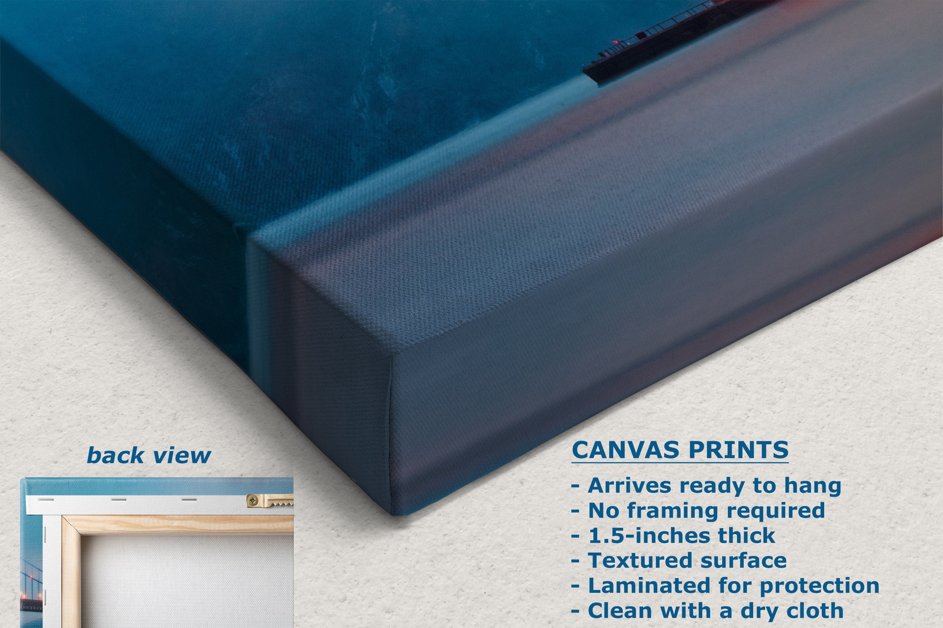 A close-up of a blue canvas wall art print showing the wrapped edge and textured fabric surface, with text describing canvas print features and a small inset labeled back view.