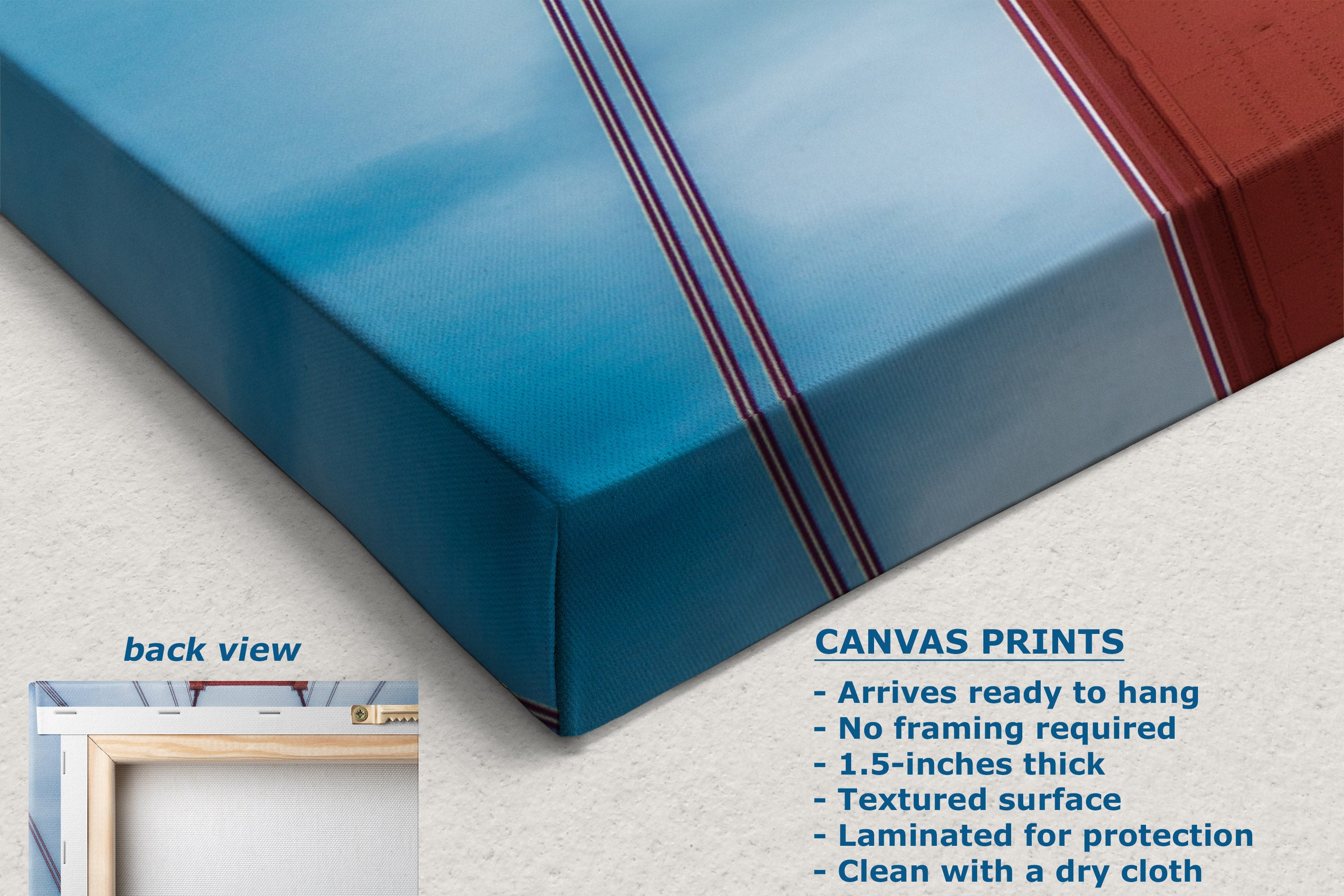 A canvas wall hanging shown at an angle with a blue front panel, red side panel, and thin dark vertical stripes. Text on the image describes the product as a canvas print, notes a back view inset, and lists features such as ready-to-hang, no framing required, textured surface, and clean with a dry cloth.